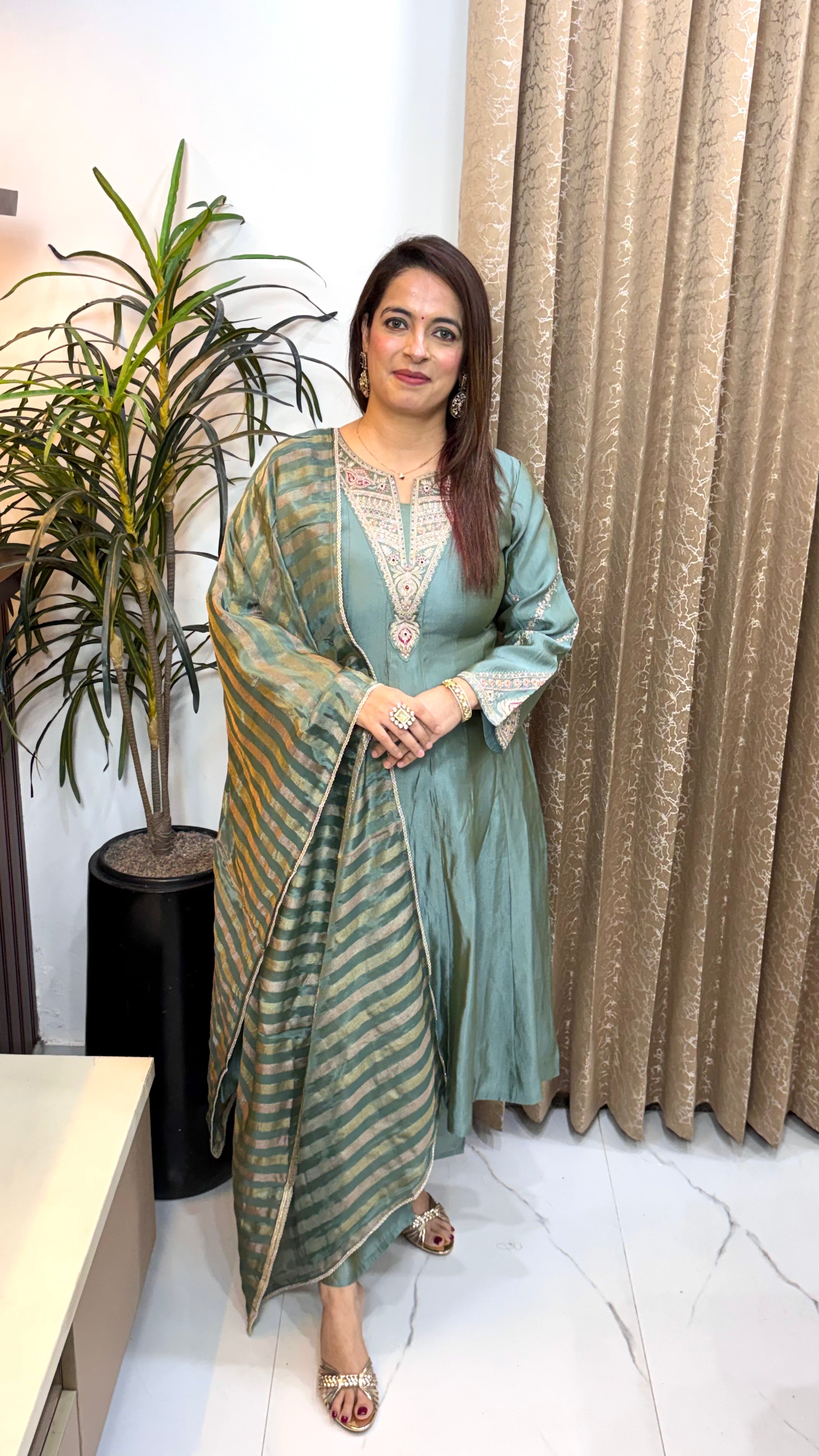 Pure Paper Anarkali Silk 3-Piece Suit Set with Intricate Embroidery & Lagdi Patta Organza Dupatta
