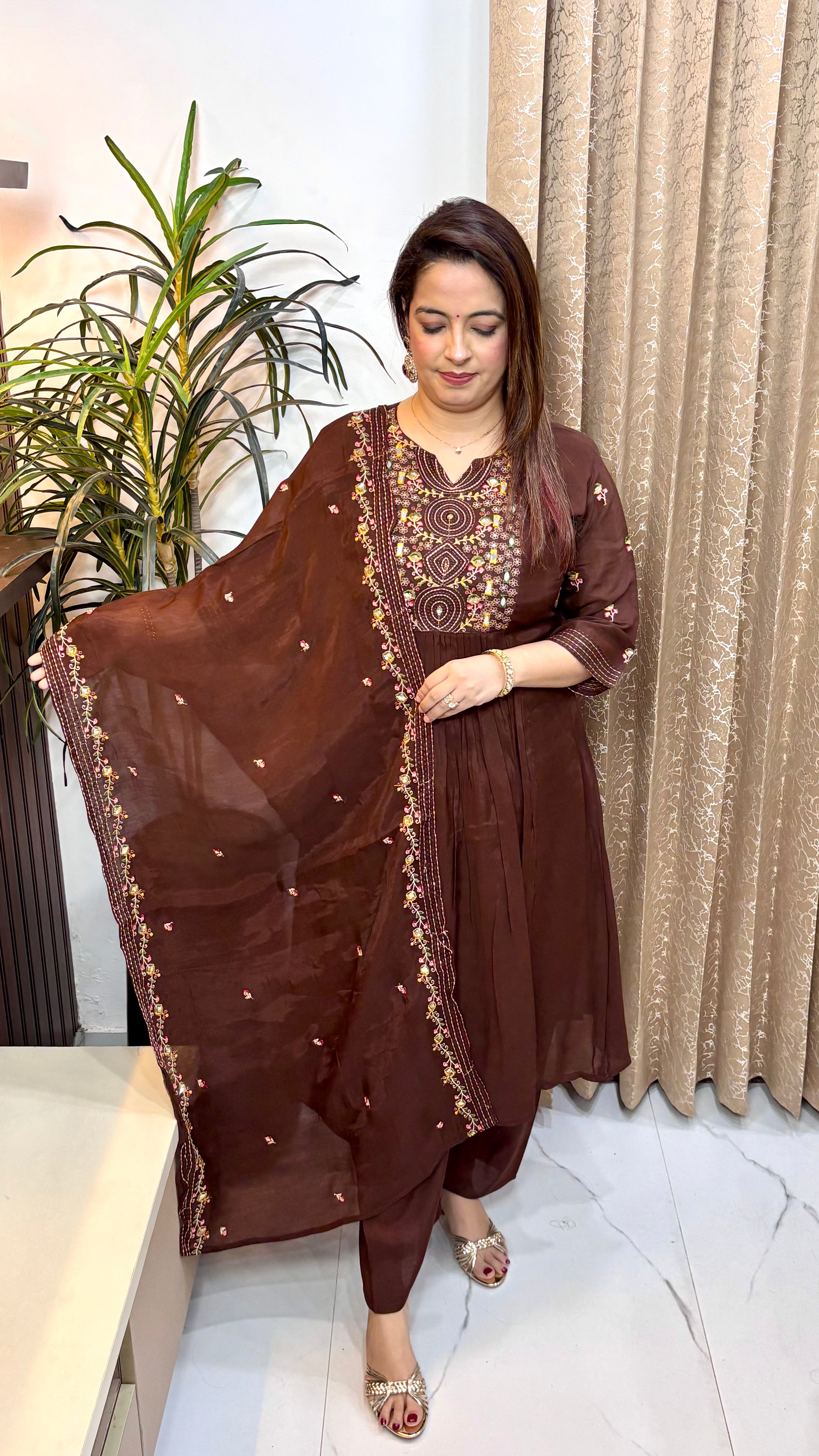 Mul Chanderi Suit Set with Katha Work