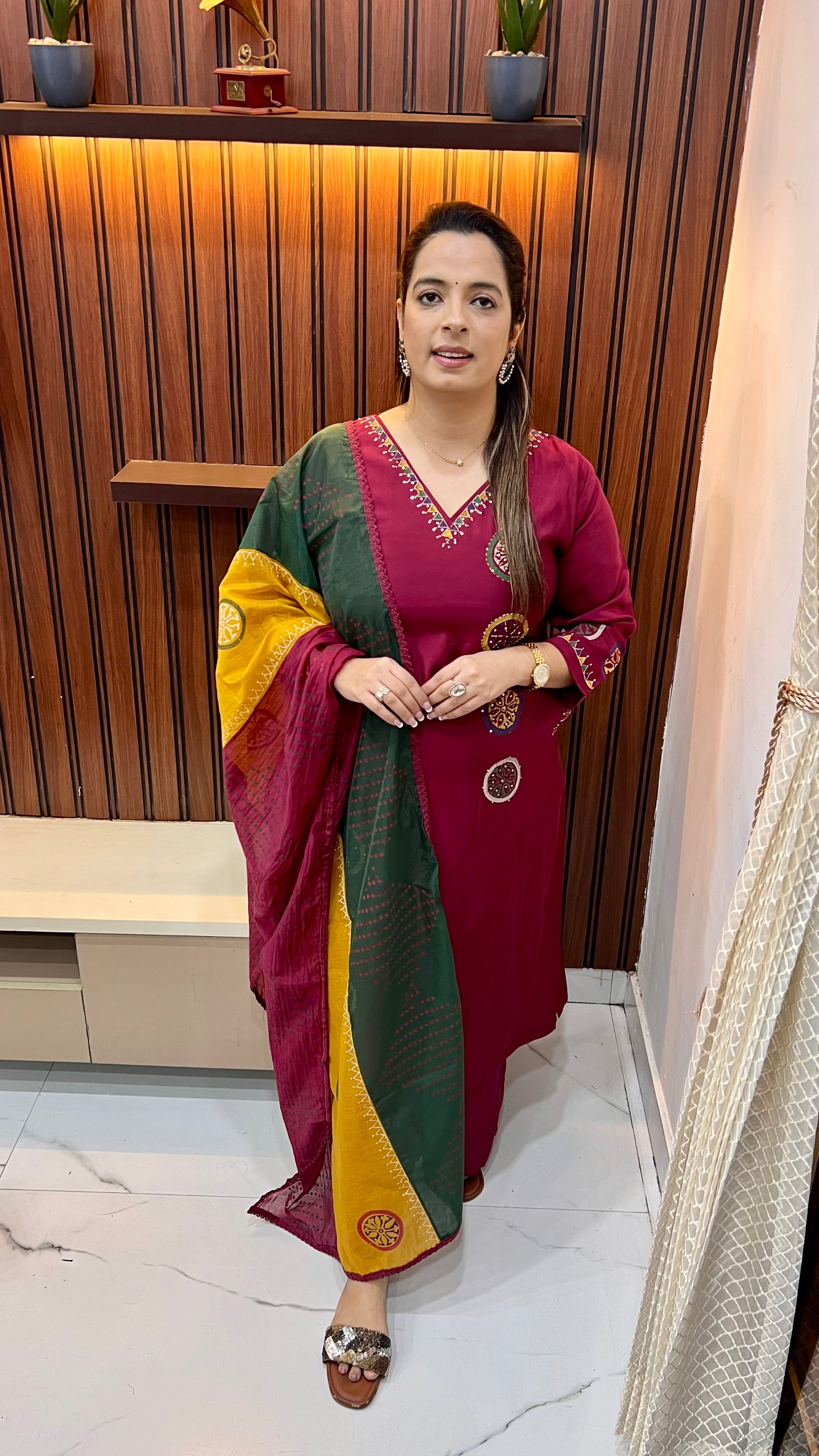 Block Print Suit — Sequin & Kantha Work with Dual Shirt Pockets (Model Wearing Size : 2XL )