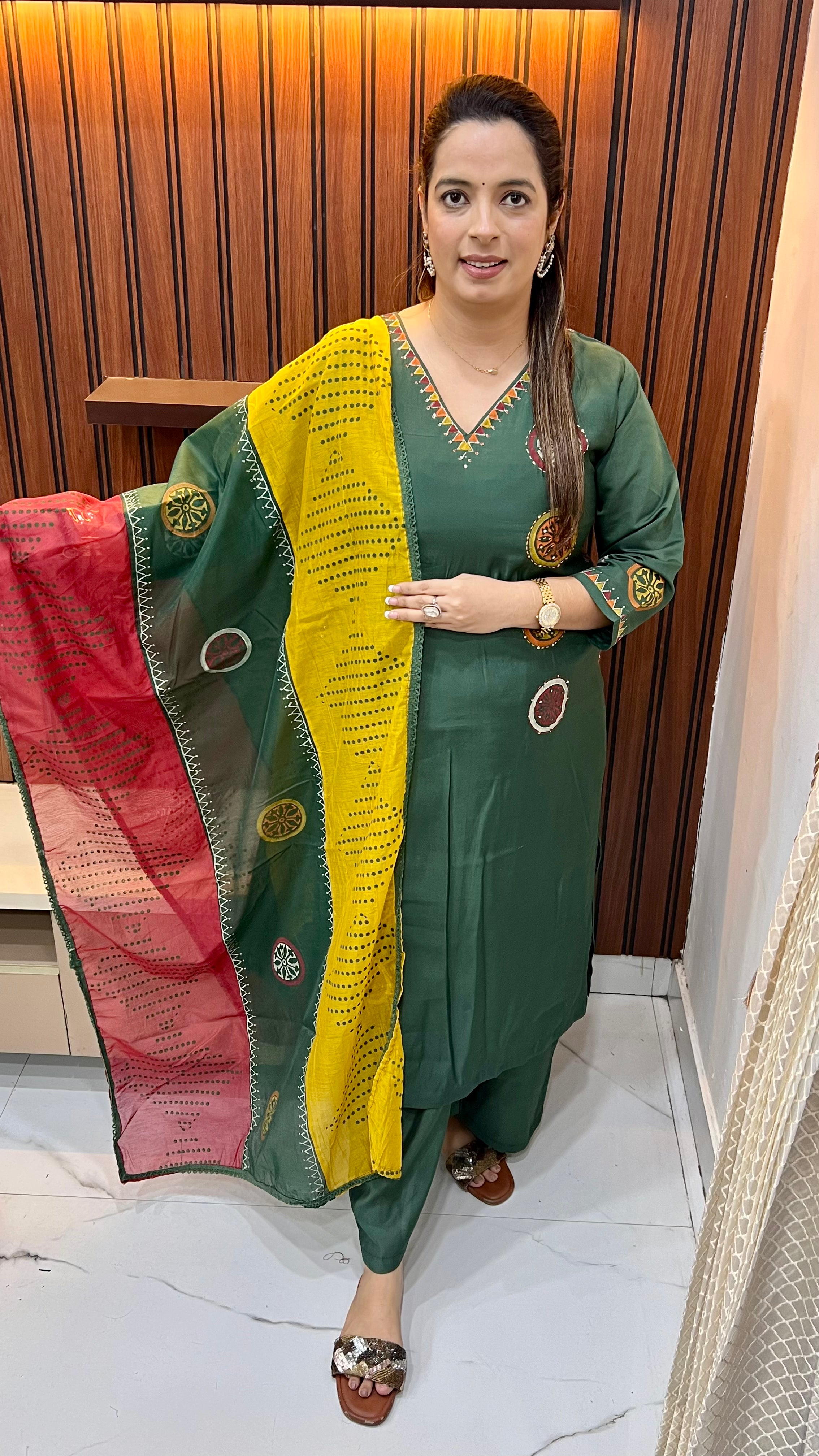 Block Print Suit — Sequin & Kantha Work with Dual Shirt Pockets (Model Wearing Size : 2XL)