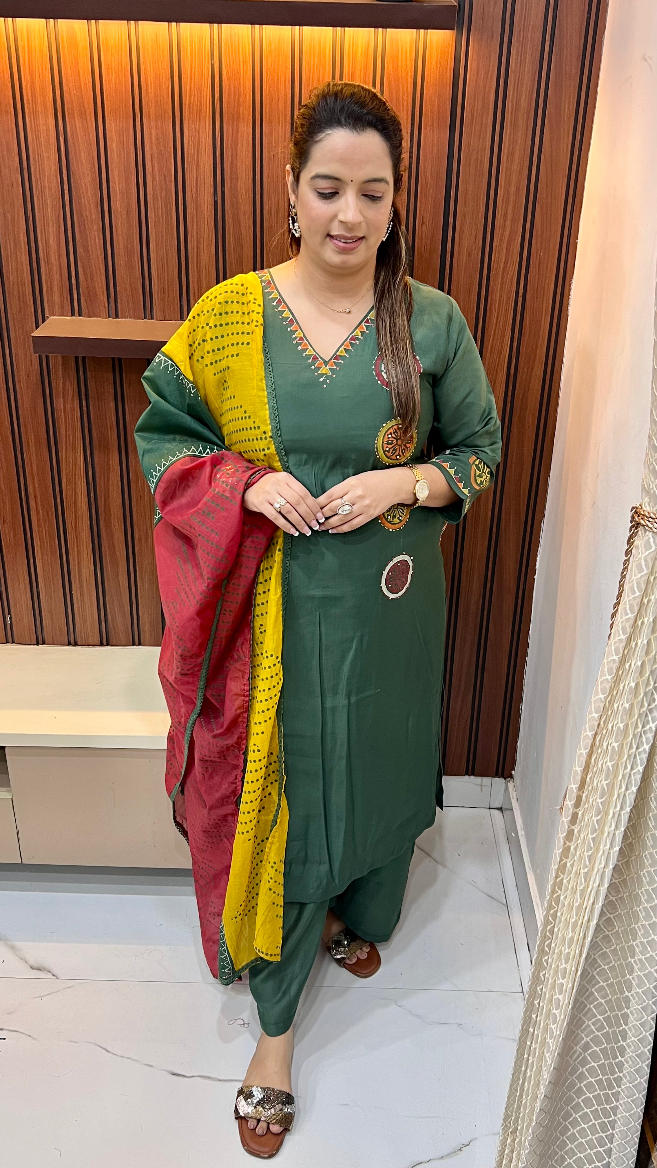 Block Print Suit — Sequin & Kantha Work with Dual Shirt Pockets (Model Wearing Size : 2XL)