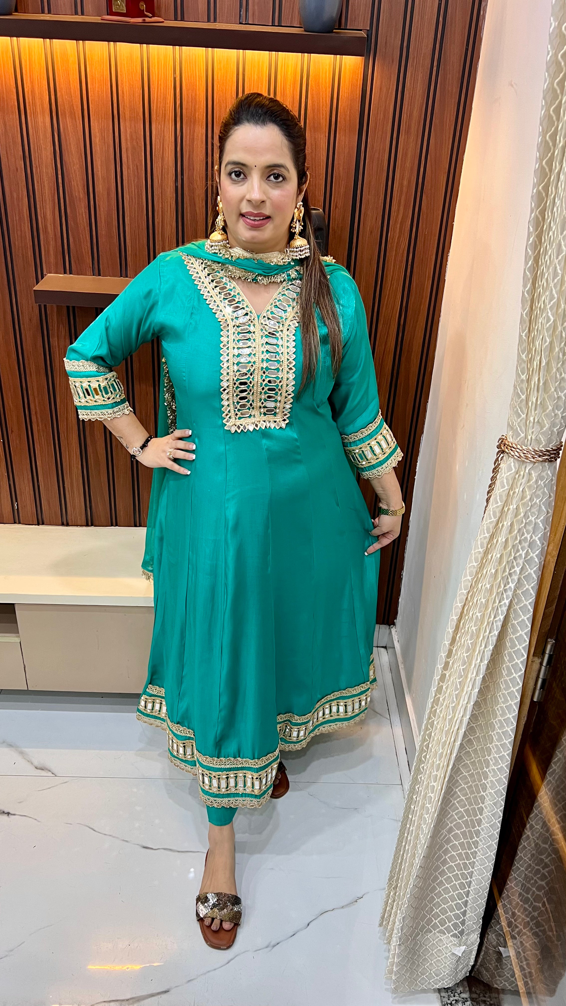 Satin Silk Suit — Real Mirror Work with Chiffon Dupatta