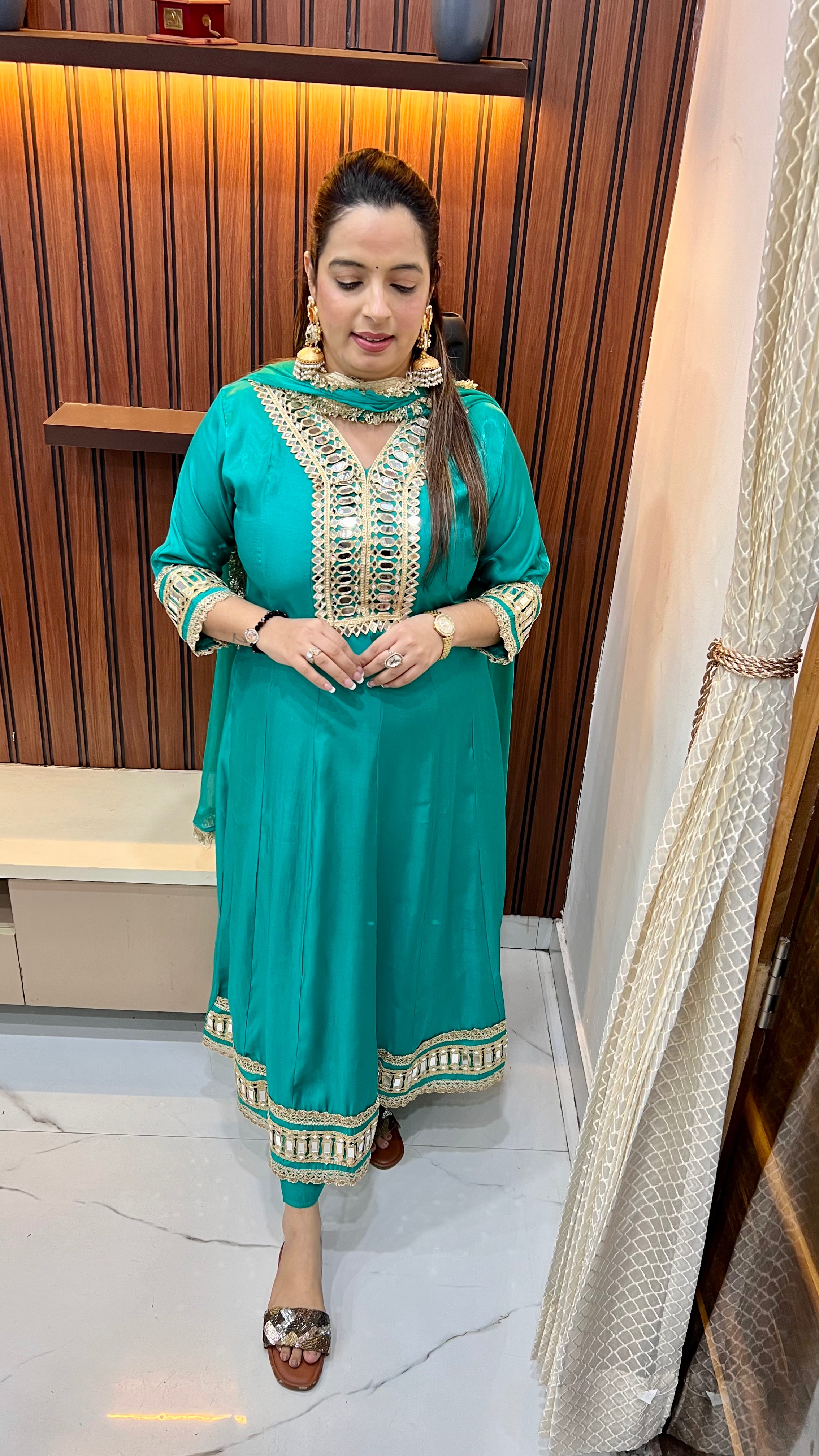 Satin Silk Suit — Real Mirror Work with Chiffon Dupatta