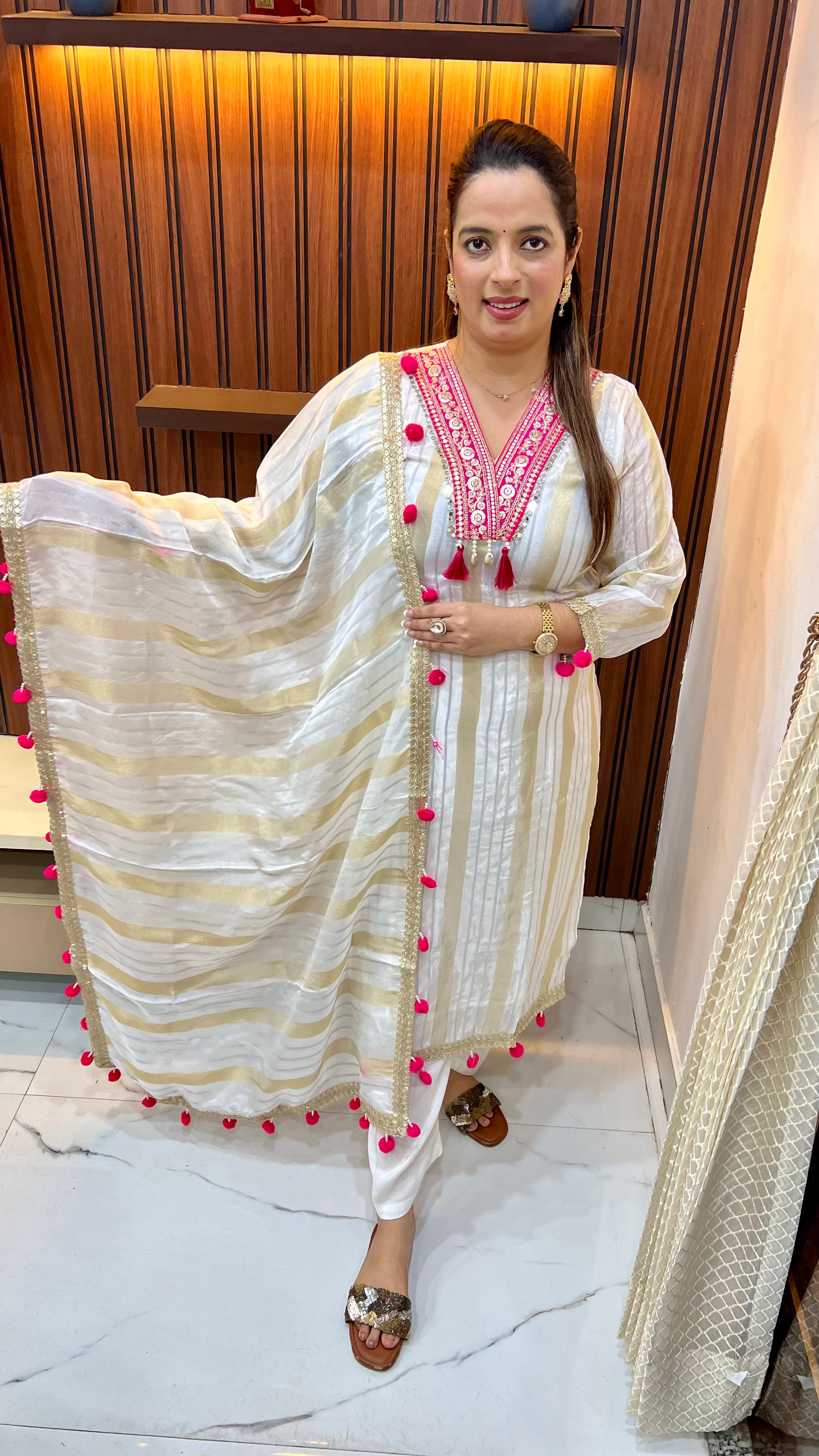 Royal Organza Shimmer Suit — Pompom Detailing with Shantoon Bottom