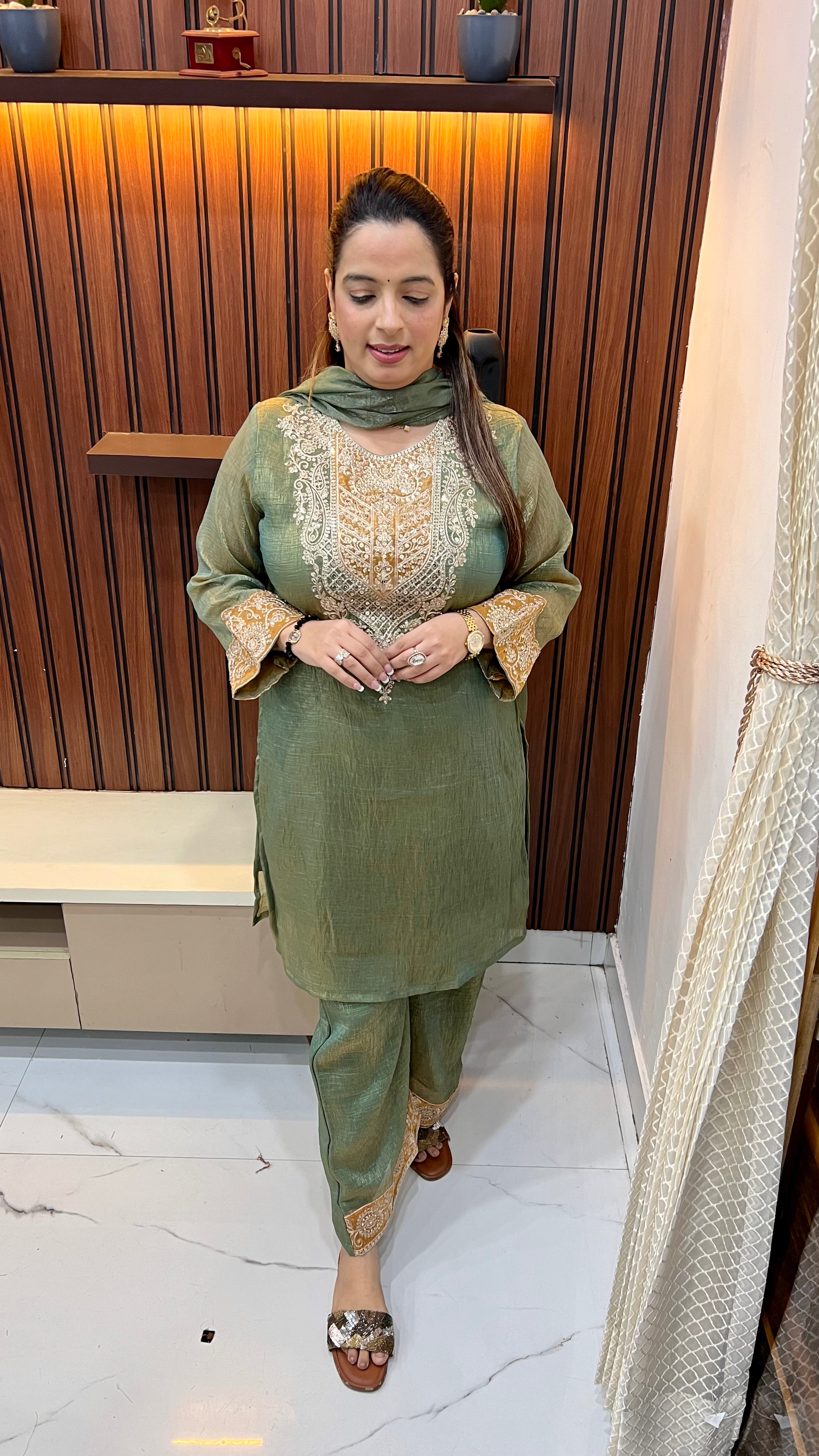 Organza Shimmer Suit — Appliqué Work with Sharara