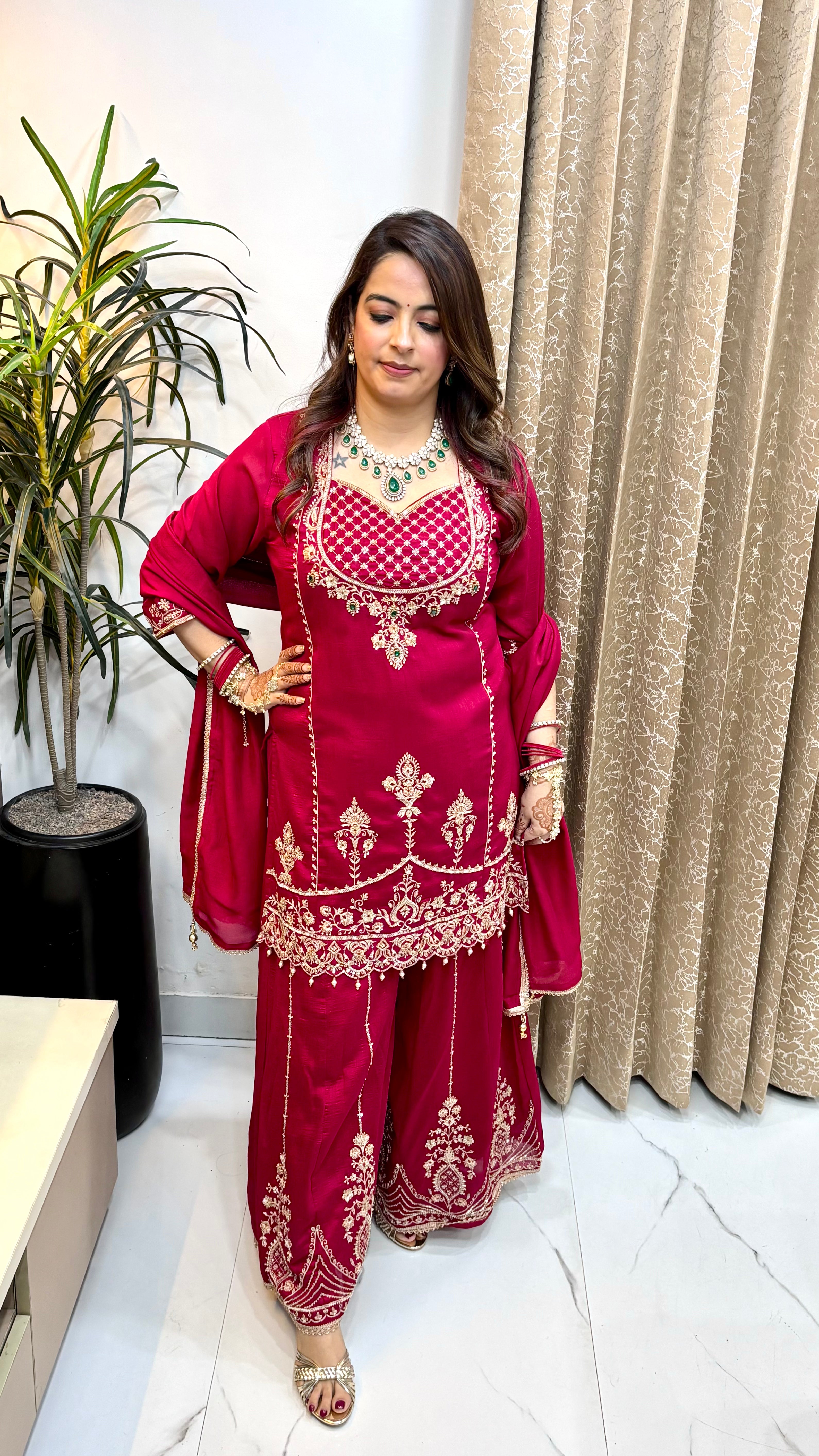 Pure Silk 3-Piece Suit Set with Embroidered Kalidar Divider & Silk Dupatta