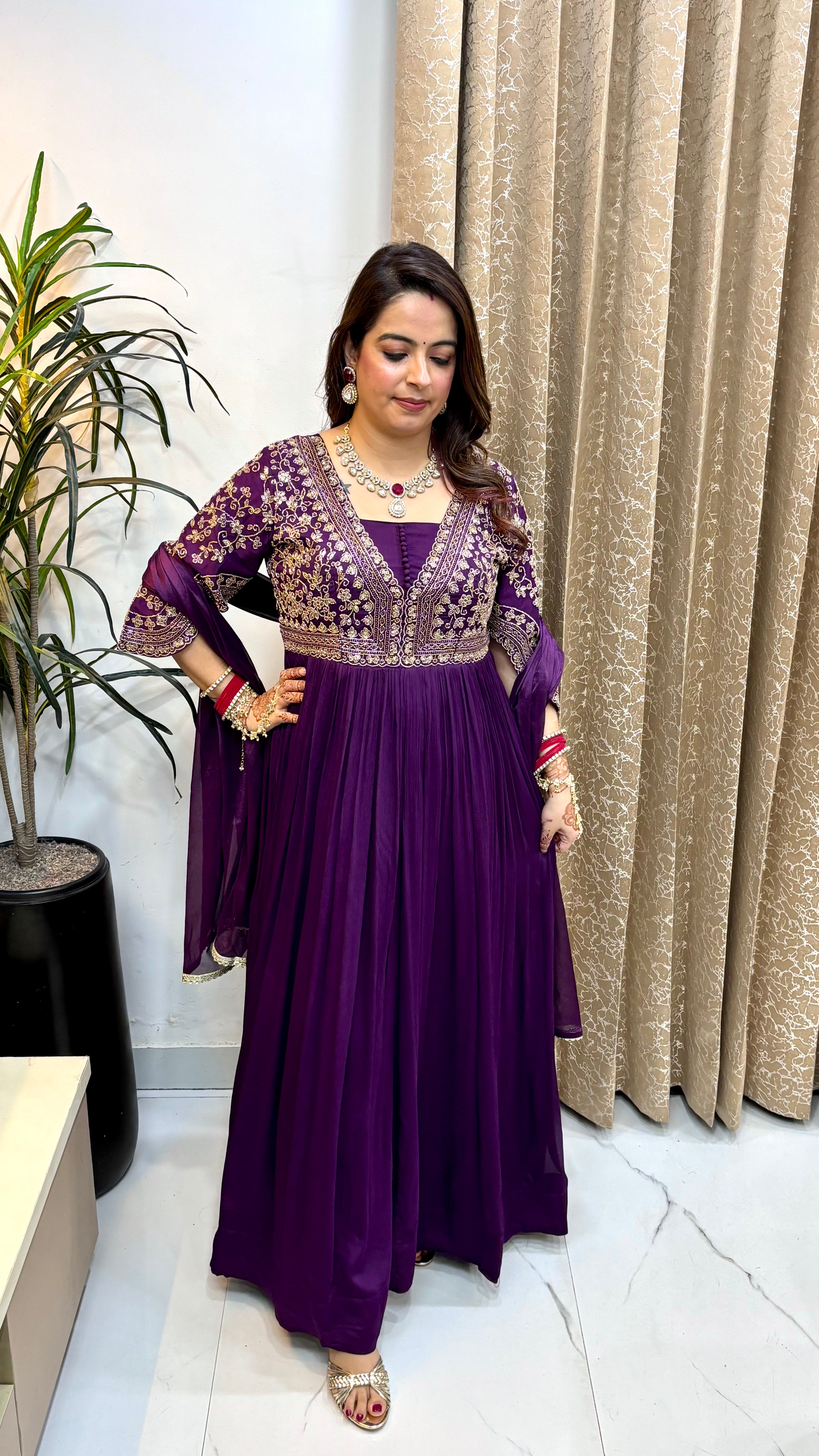 Pure Chinon 2-Piece Anarkali Set with Designer Sleeves & Chinon Dupatta
