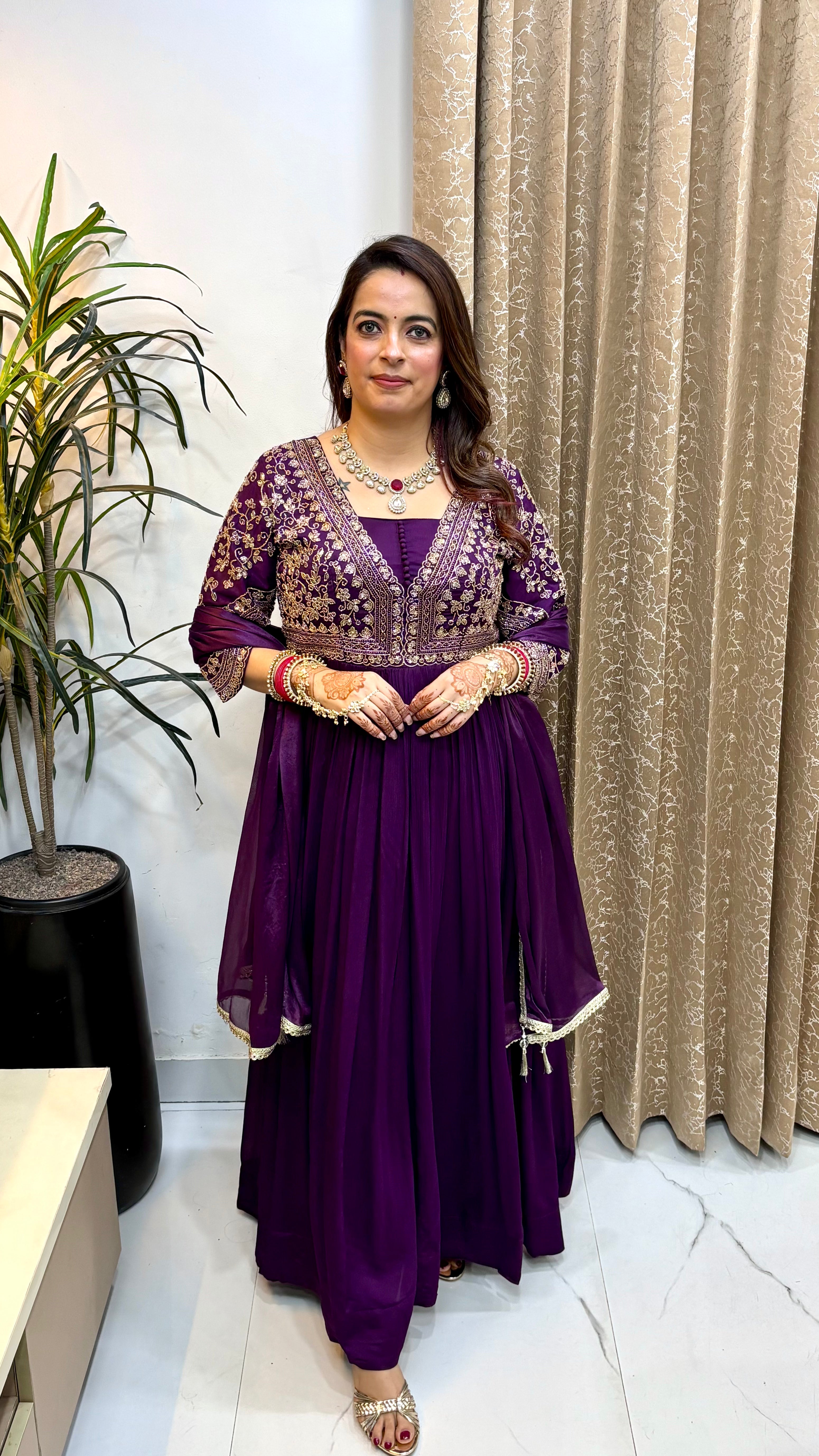 Pure Chinon 2-Piece Anarkali Set with Designer Sleeves & Chinon Dupatta