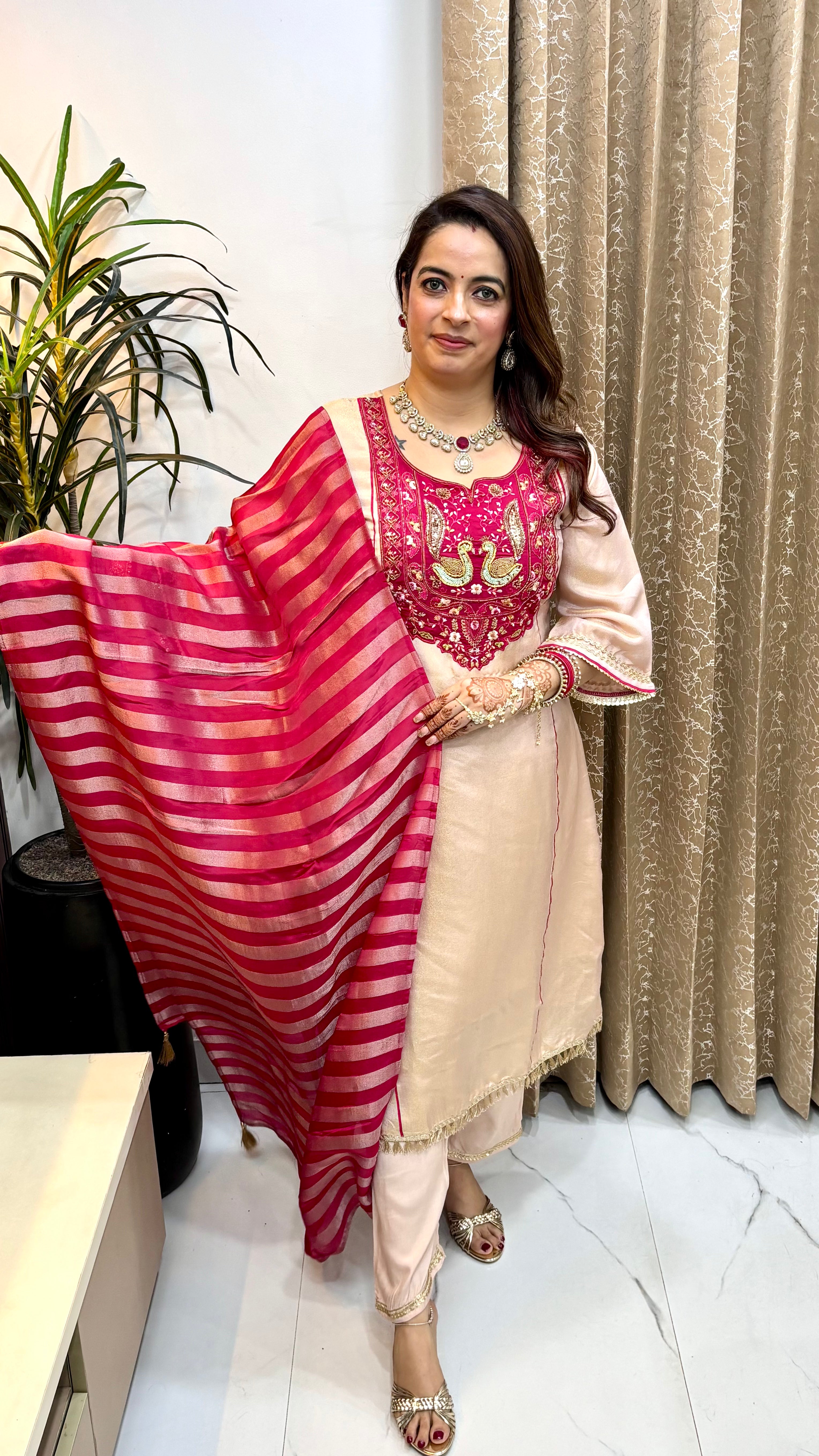 Organza Shimmer A-Line Suit Set with Lagdi Patta Dupatta & Shantoon Bottom