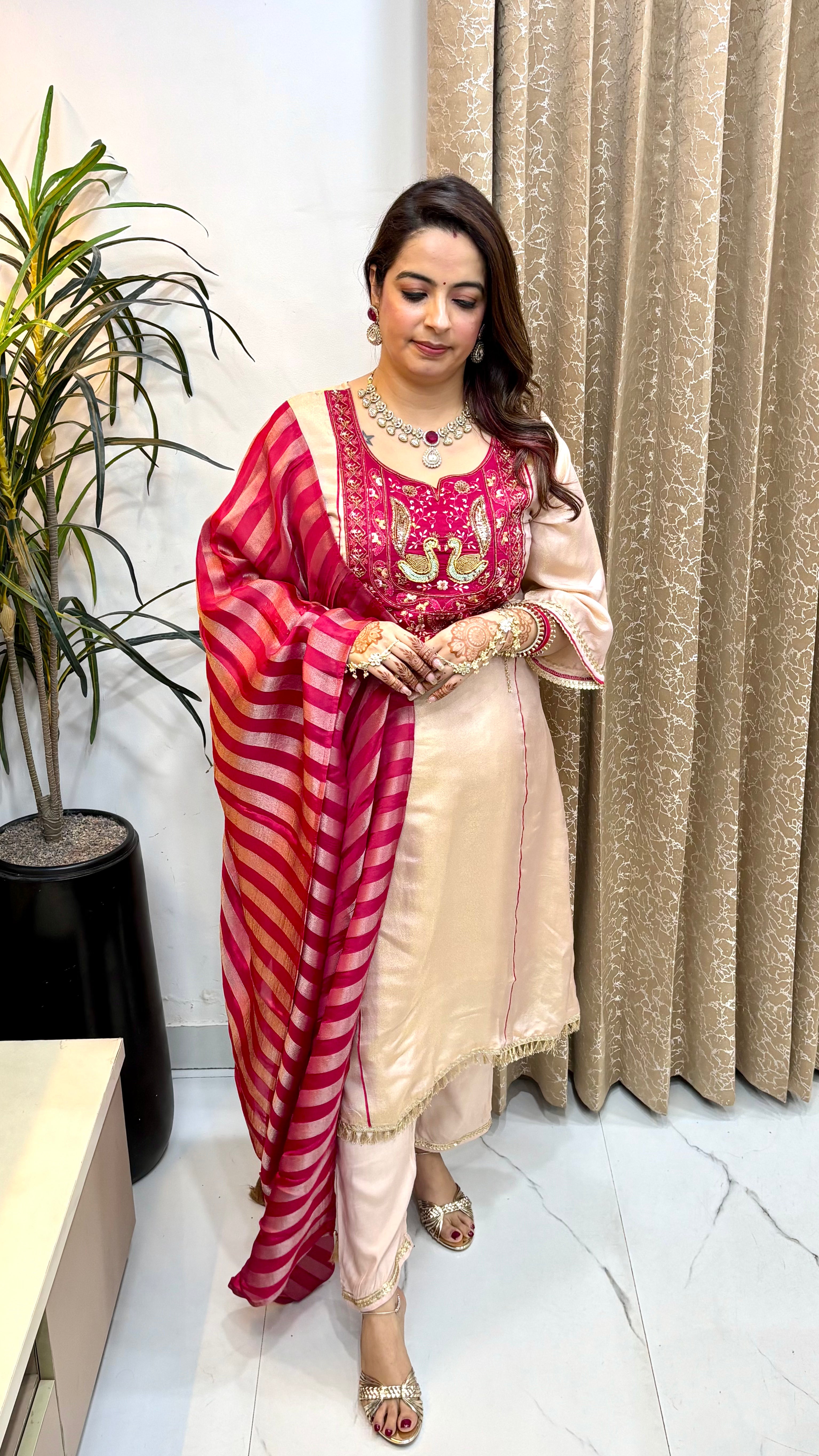 Organza Shimmer A-Line Suit Set with Lagdi Patta Dupatta & Shantoon Bottom