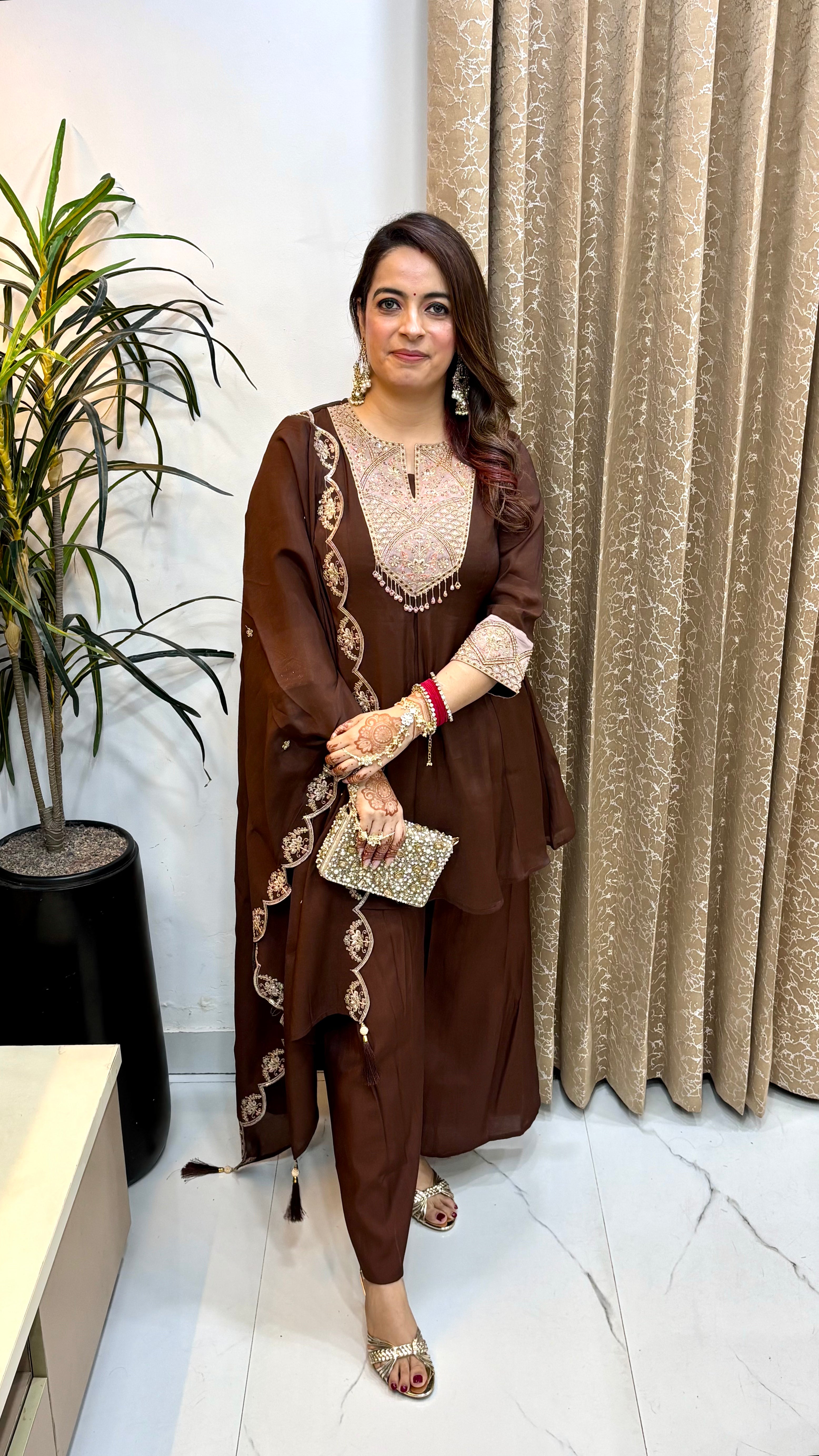 Mul Chanderi Short Anarkali Suit Set with Cut-Work Dupatta & Muslin Bottom