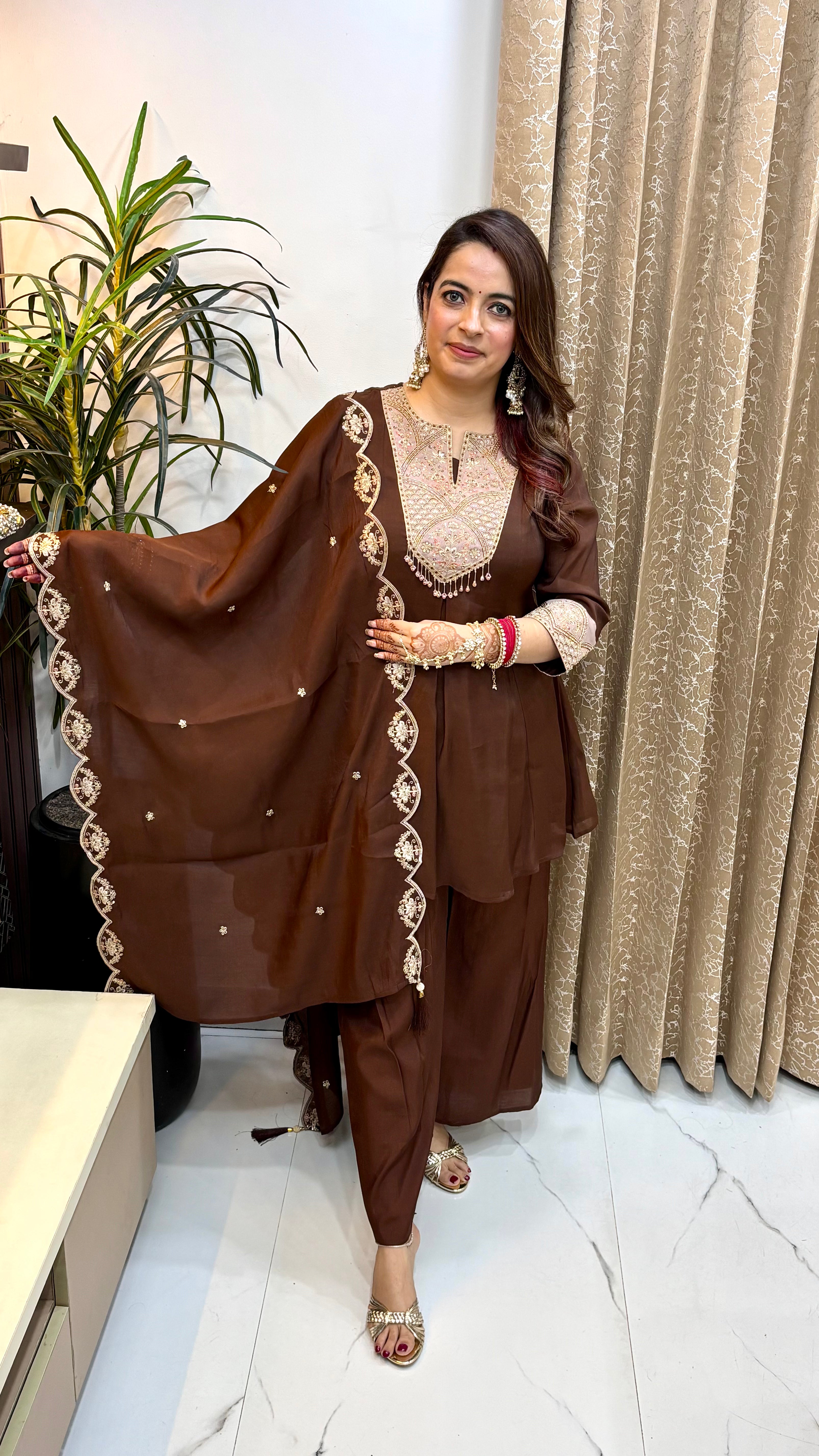 Mul Chanderi Short Anarkali Suit Set with Cut-Work Dupatta & Muslin Bottom