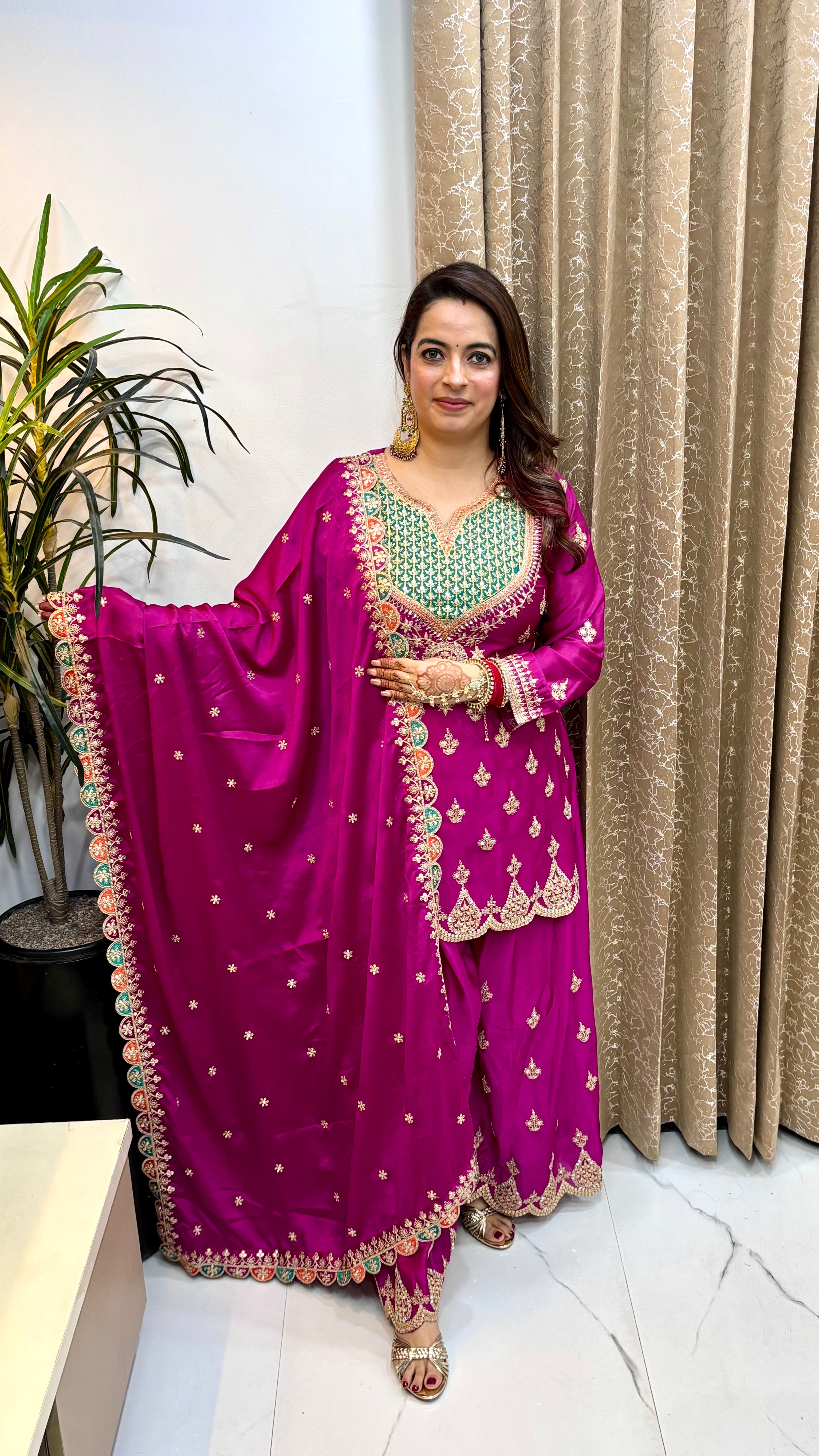 Pure Chinon 3-Piece Suit Set with Heavy Embroidery, Hemline Cut-Work & Cut-Work Divider