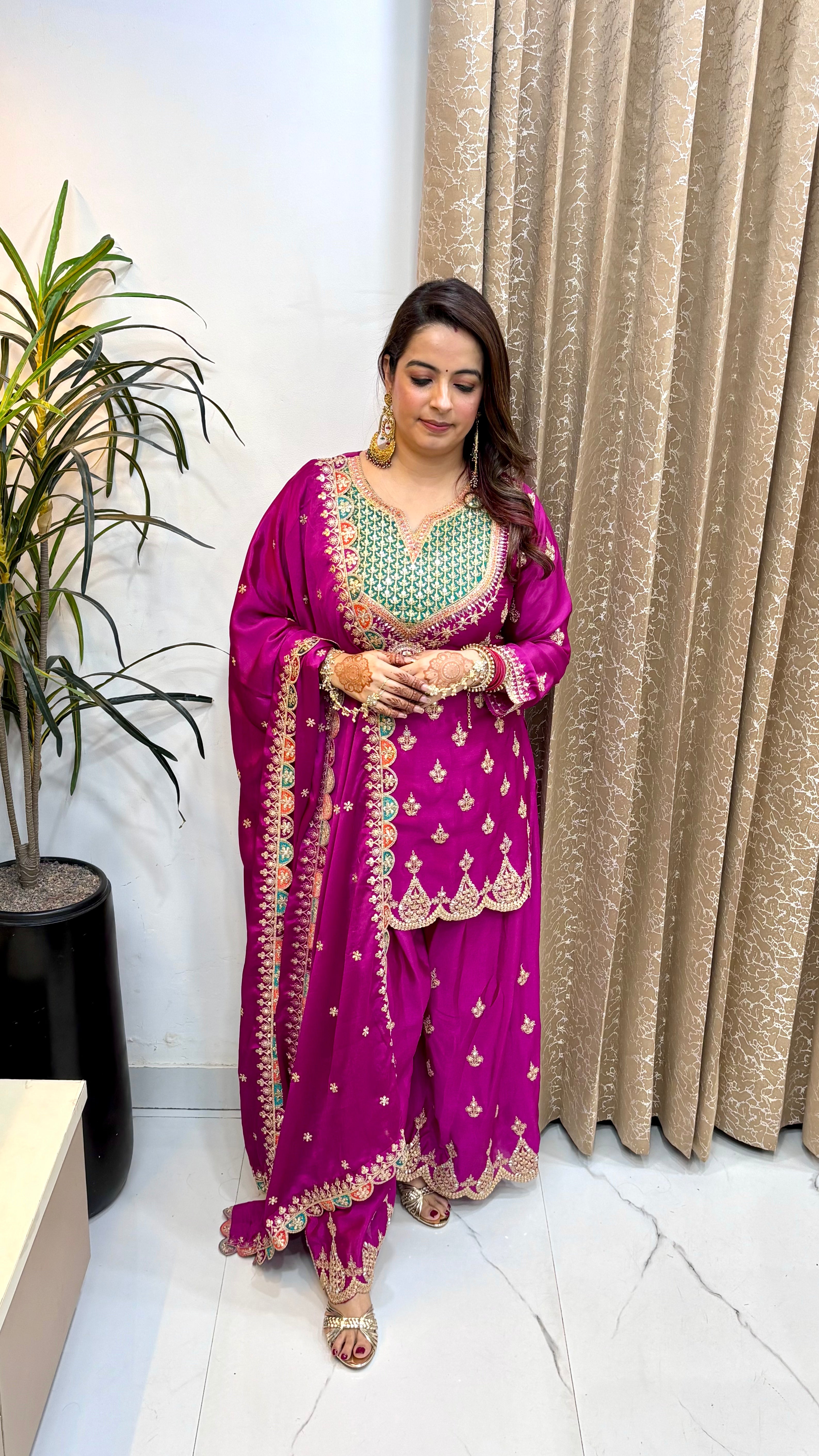 Pure Chinon 3-Piece Suit Set with Heavy Embroidery, Hemline Cut-Work & Cut-Work Divider