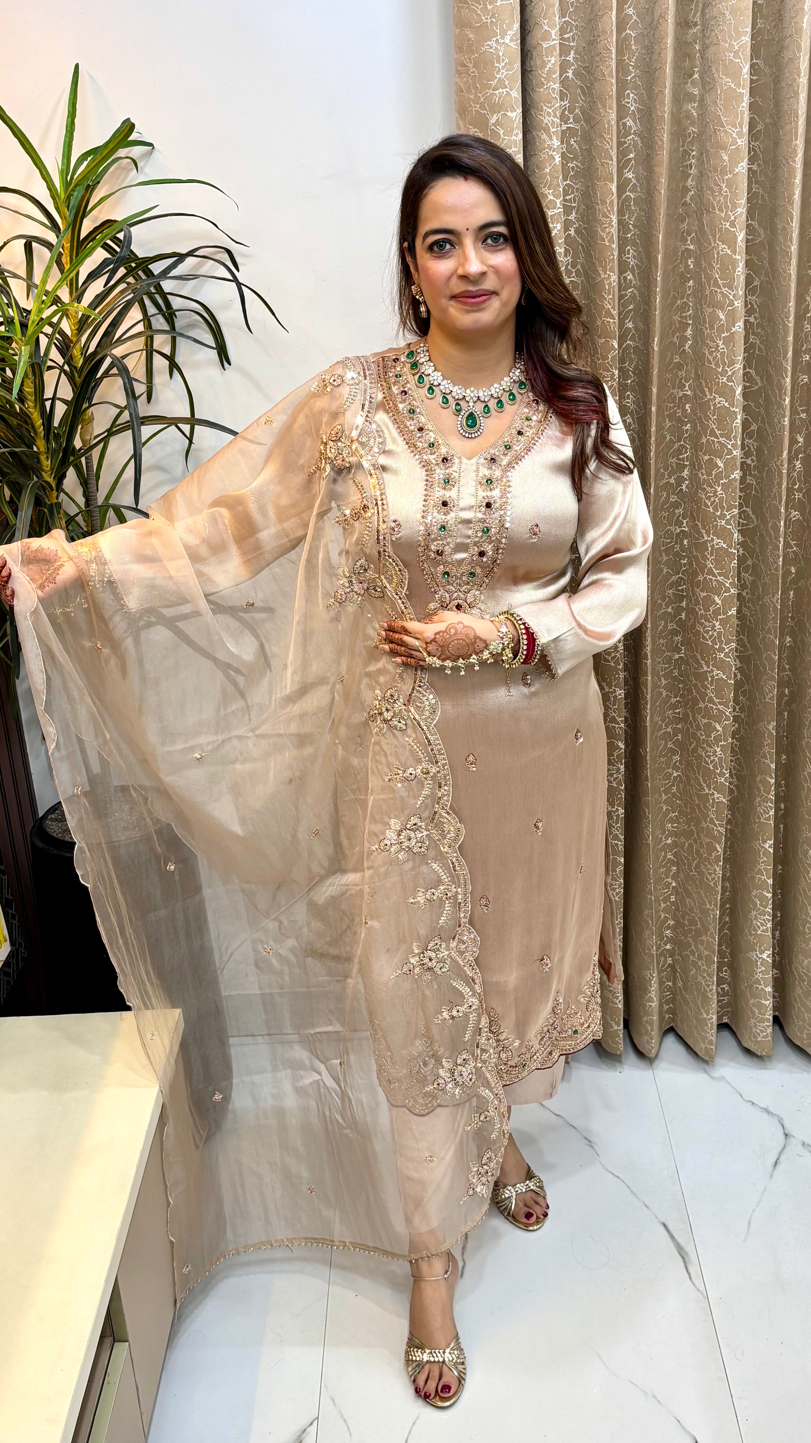 Tussar Silk 3-Piece Suit Set with Zardozi, Korean Crystal Stone Work & Cut-Work Dupatta