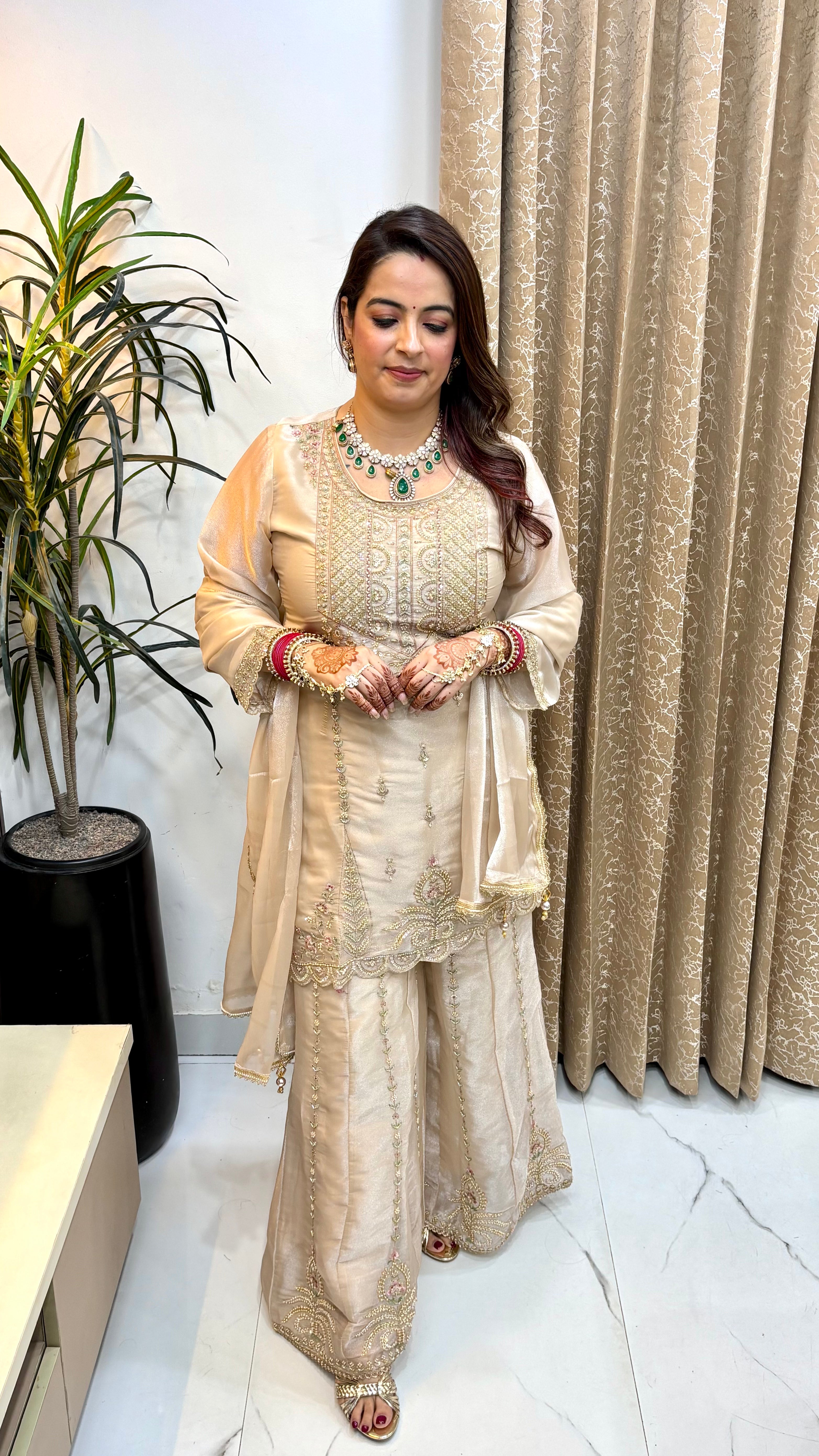 Organza Shimmer 3-Piece Kalidar Suit Set with Embroidered Kali Bottom & Lace Dupatta