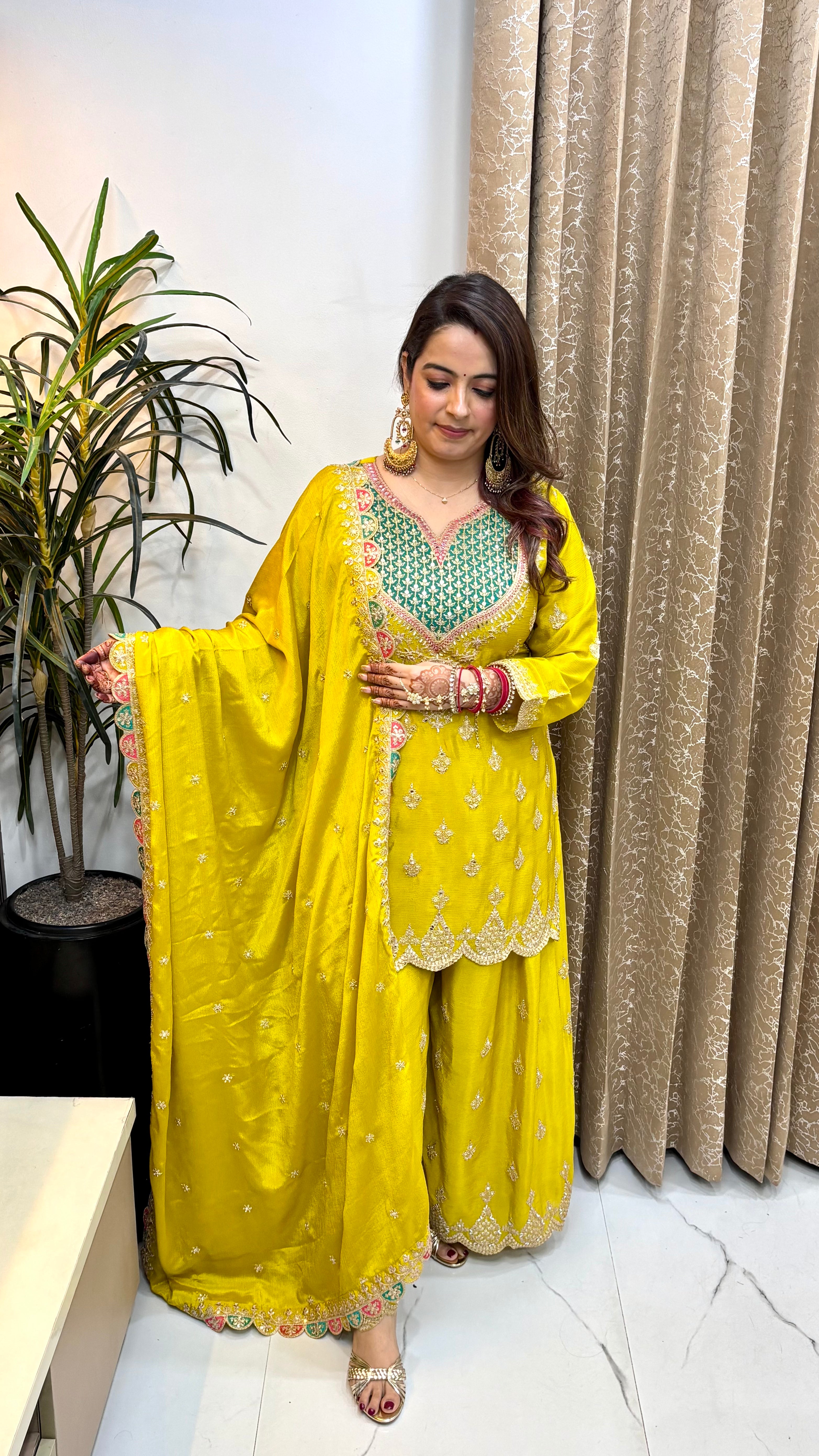 Pure Chinon 3-Piece Suit Set with Heavy Embroidery, Hemline Cut-Work & Cut-Work Divider