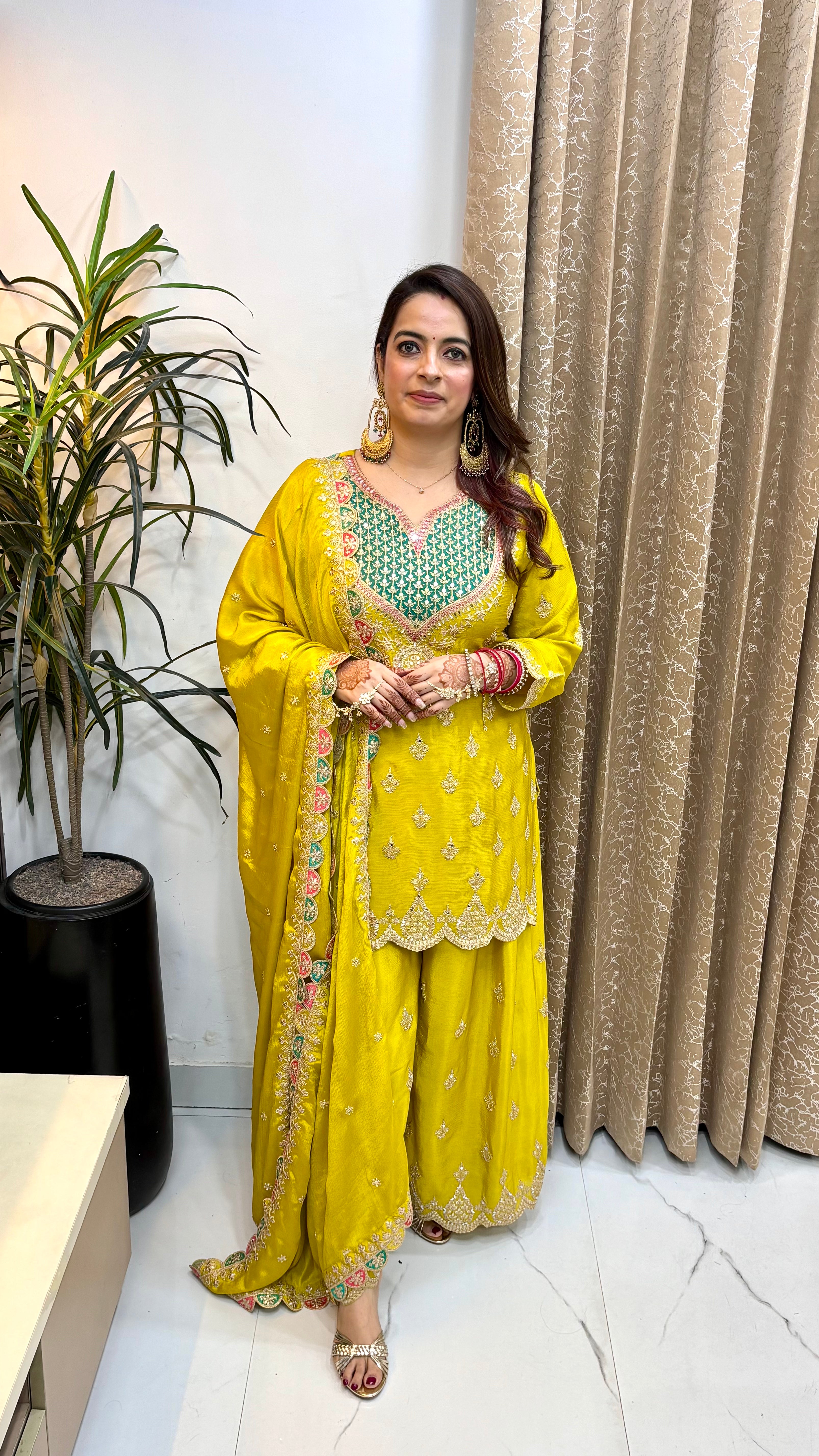 Pure Chinon 3-Piece Suit Set with Heavy Embroidery, Hemline Cut-Work & Cut-Work Divider