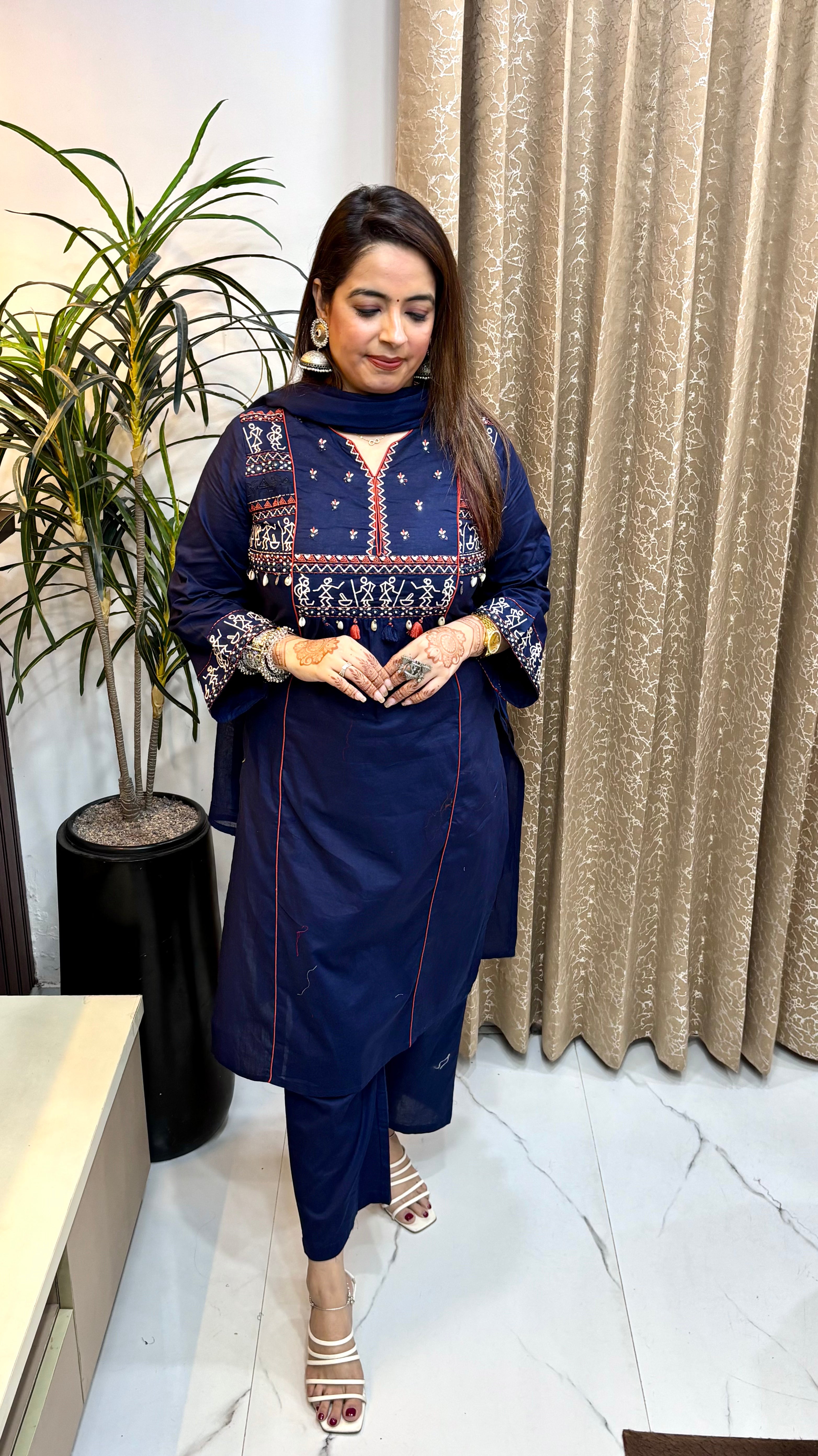 Pure Cotton 3-Piece Suit Set with Handcrafted Madhubani Art, Tassels & Mulmul Dupatta