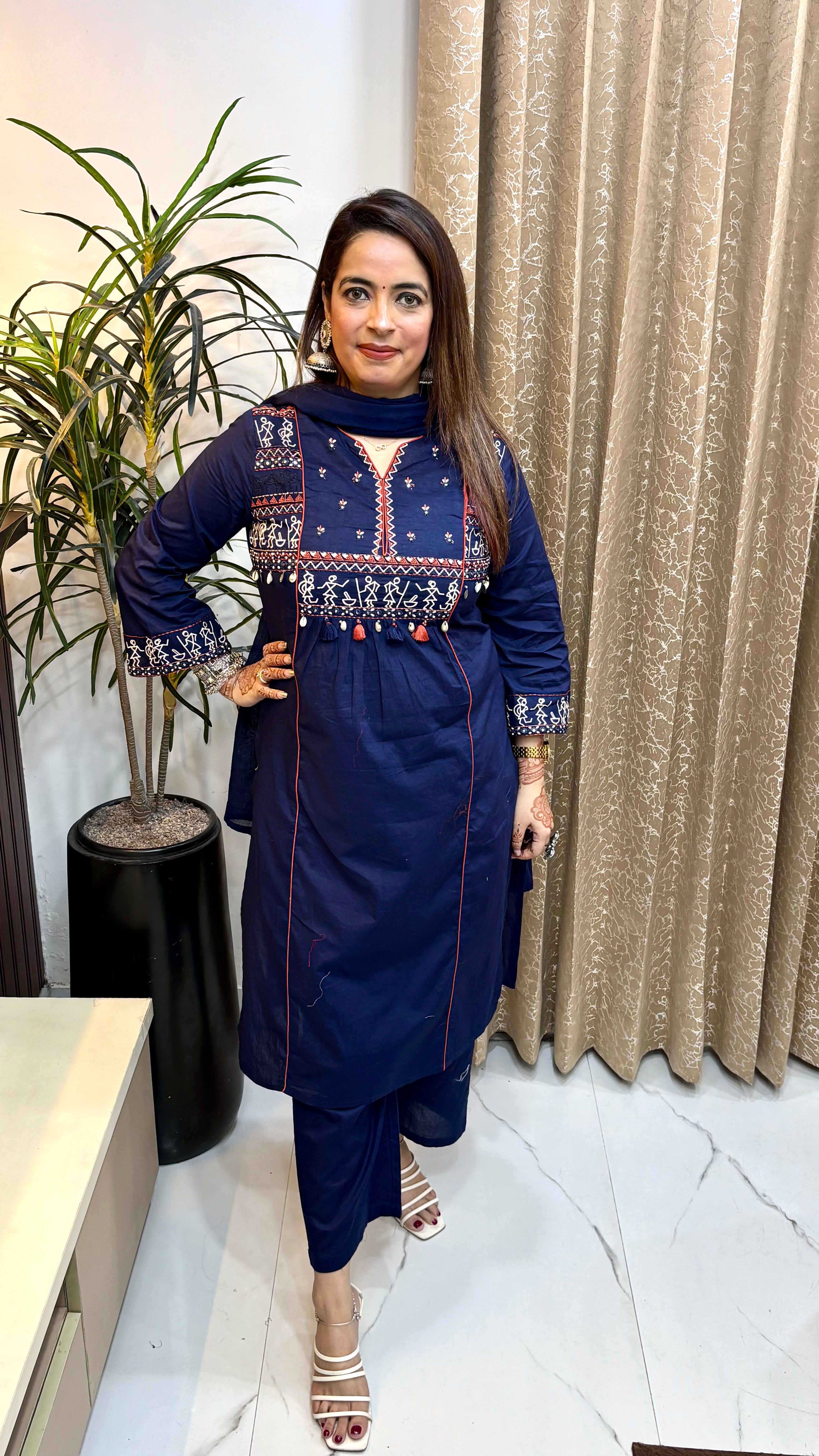 Pure Cotton 3-Piece Suit Set with Handcrafted Madhubani Art, Tassels & Mulmul Dupatta