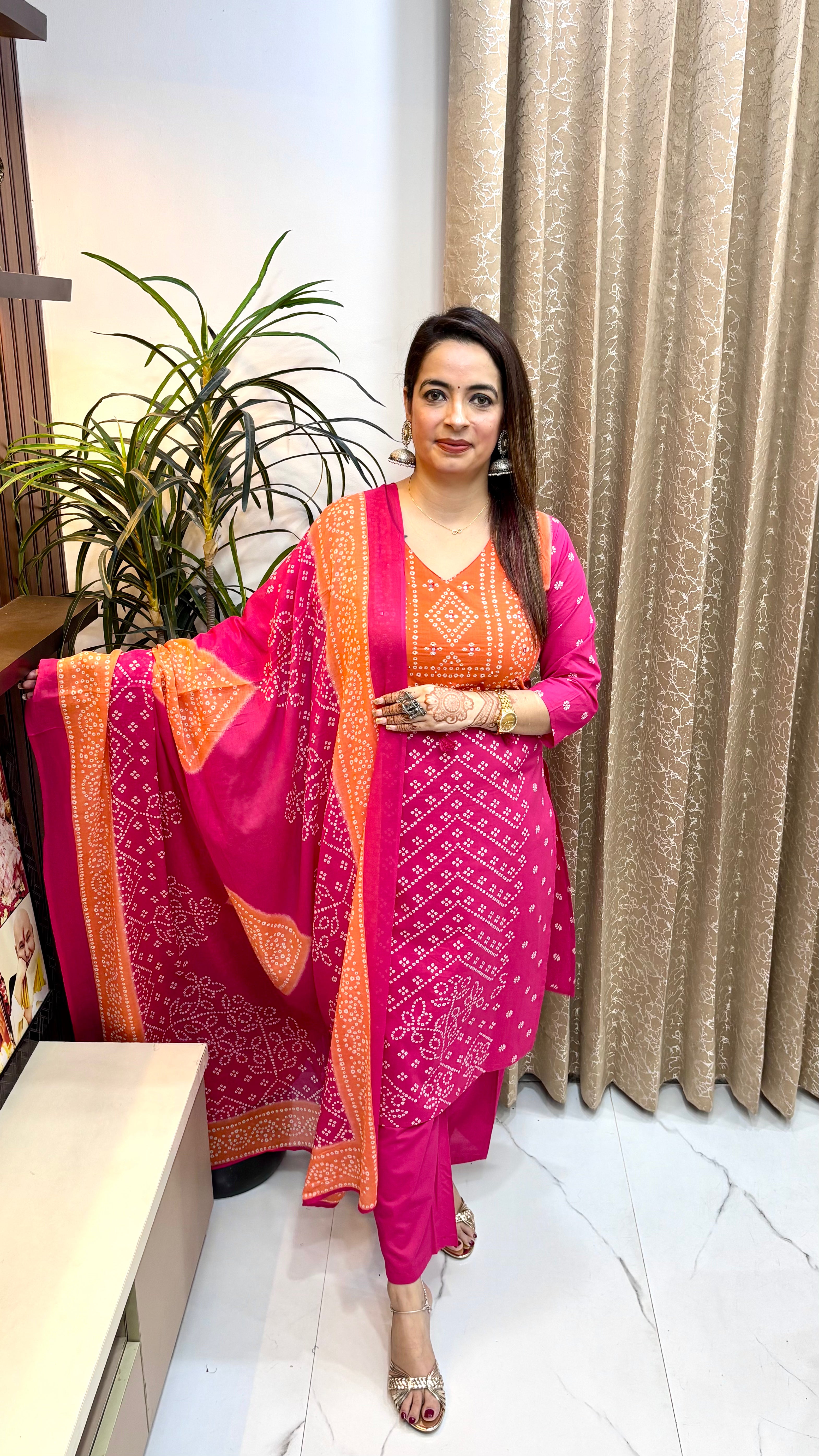 Pure Cotton Bandhani Print 3-Piece Suit Set with Mulmul Dupatta