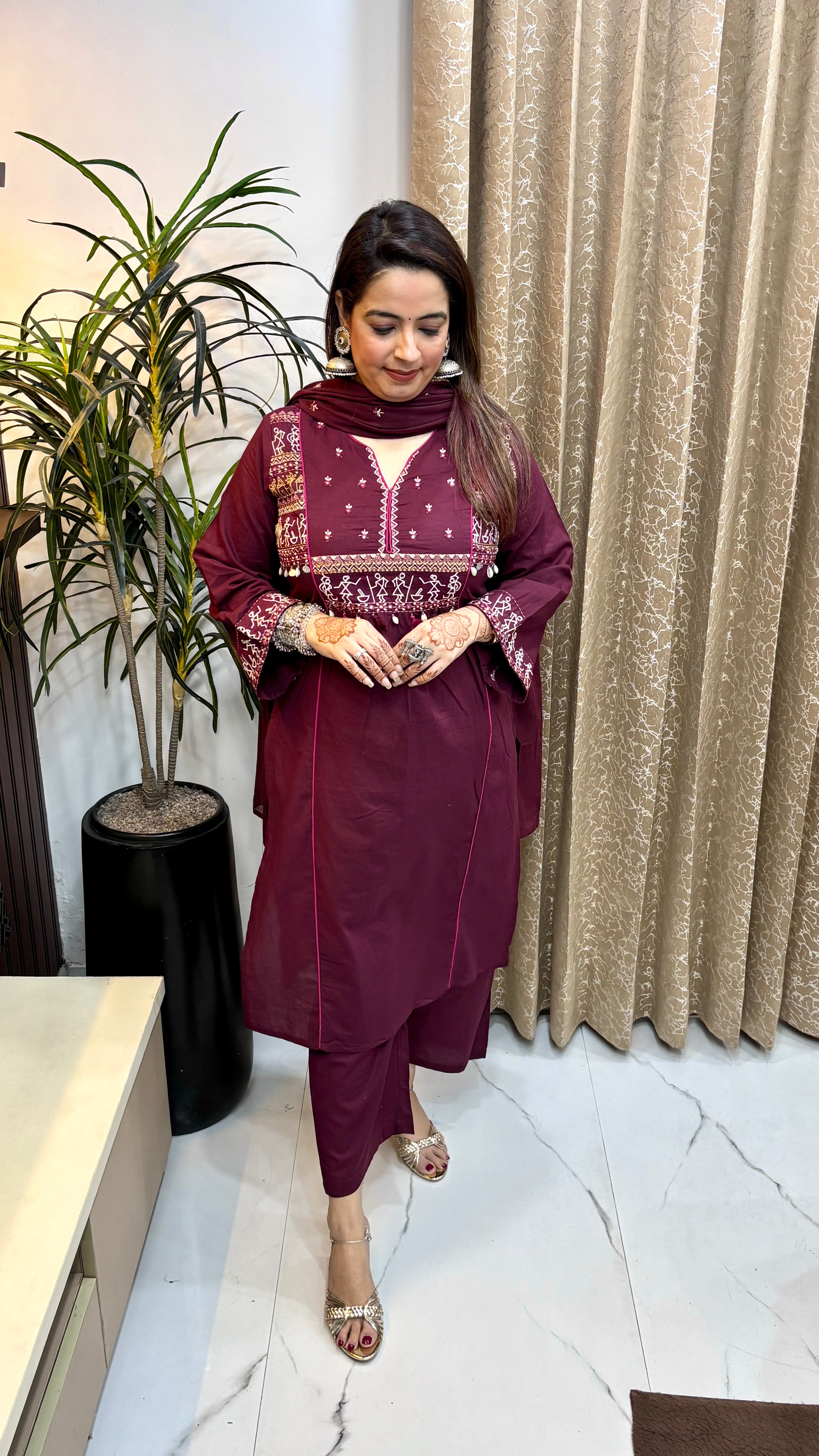 Pure Cotton 3-Piece Suit Set with Handcrafted Madhubani Art, Tassels & Mulmul Dupatta