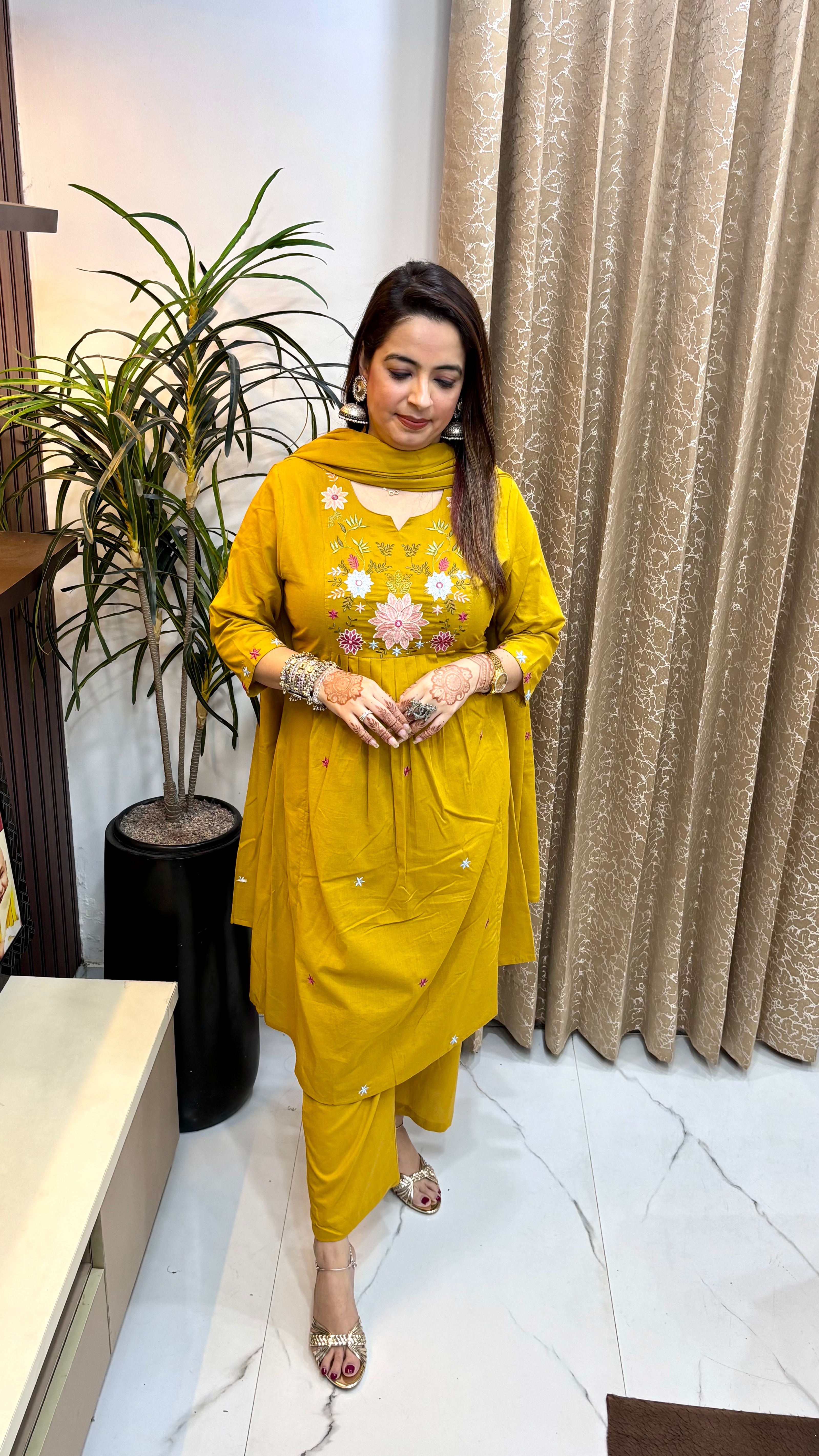 Pure Cotton A-Line Suit Set with Thread Embroidery & Mulmul Dupatta