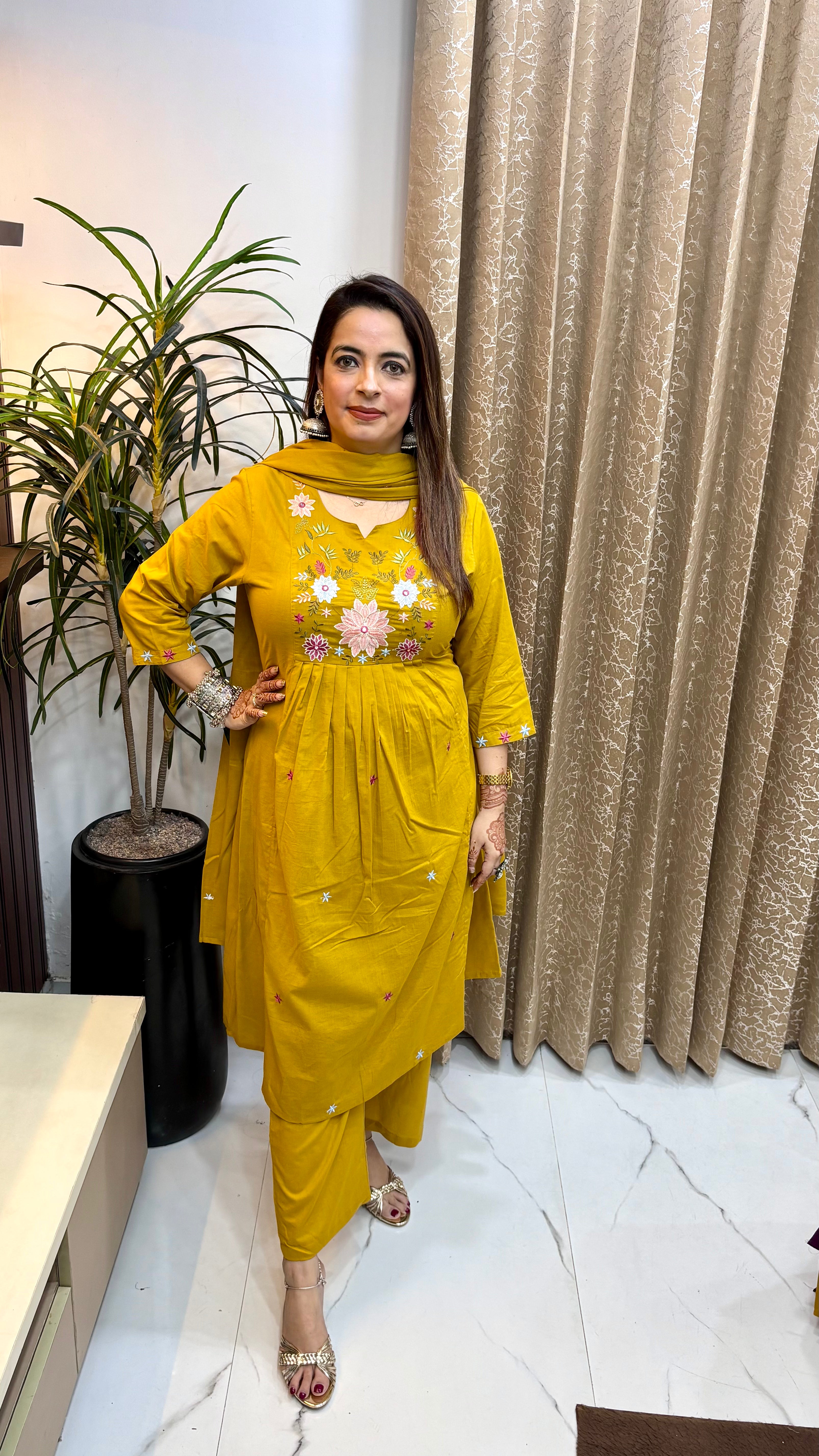 Pure Cotton A-Line Suit Set with Thread Embroidery & Mulmul Dupatta