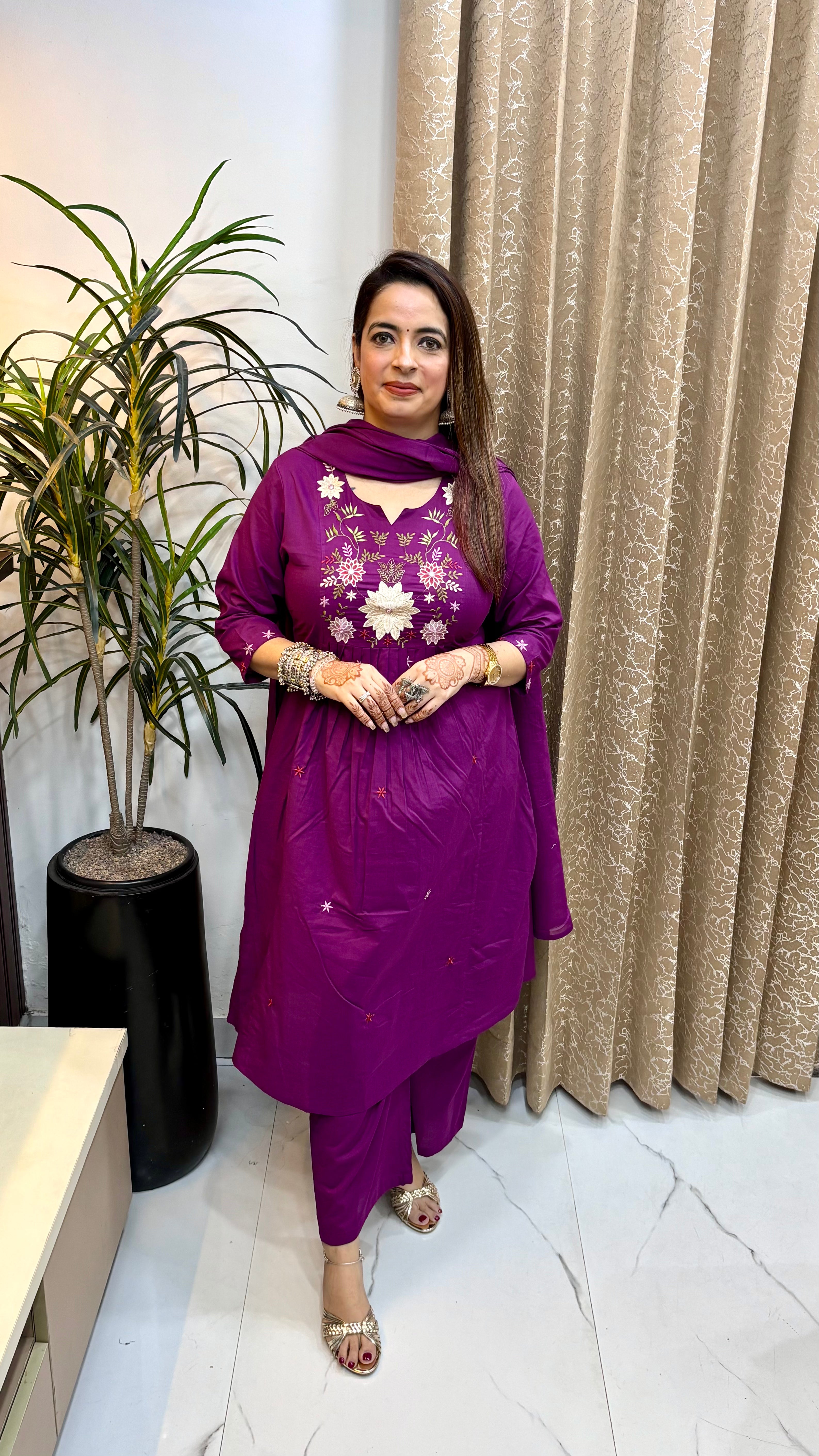 Pure Cotton A-Line Suit Set with Thread Embroidery & Mulmul Dupatta