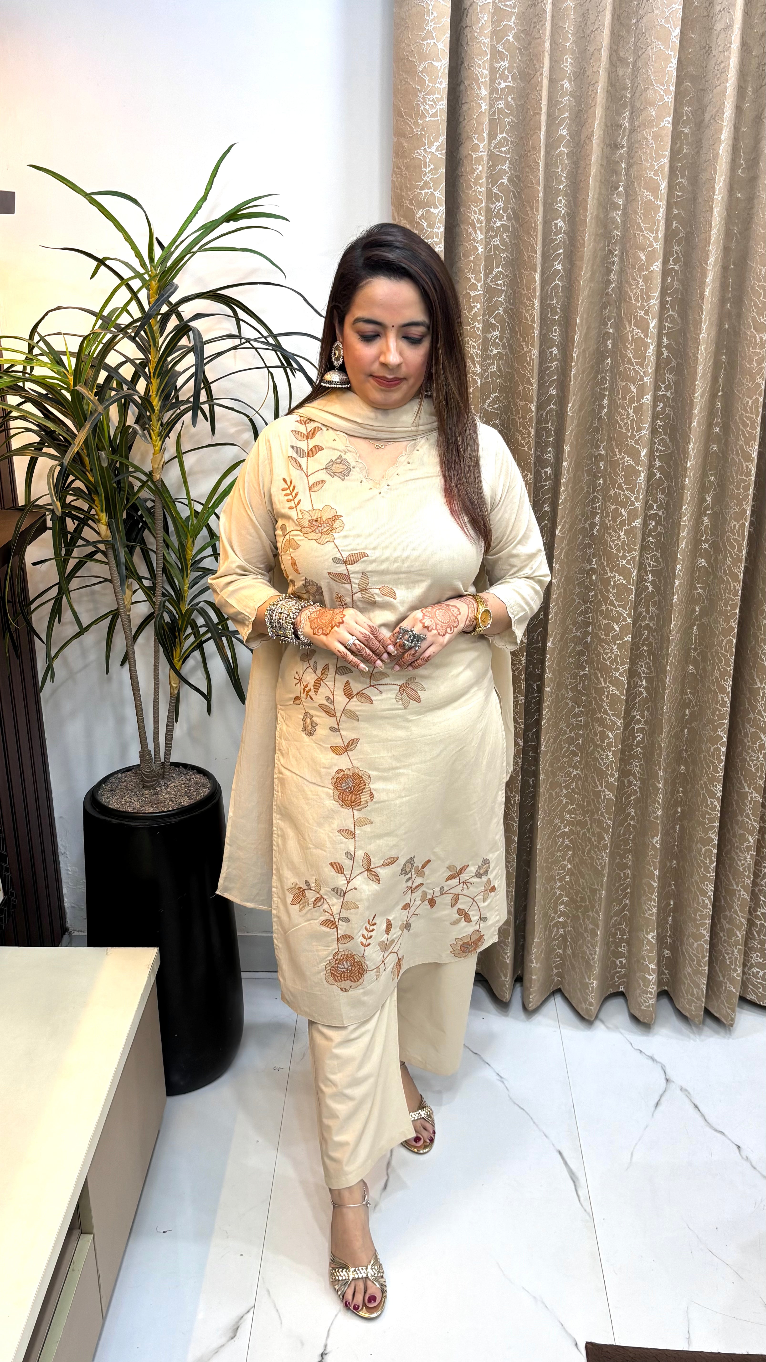 Pure Cotton 3-Piece Suit Set with Cotton Lining & Mulmul Dupatta