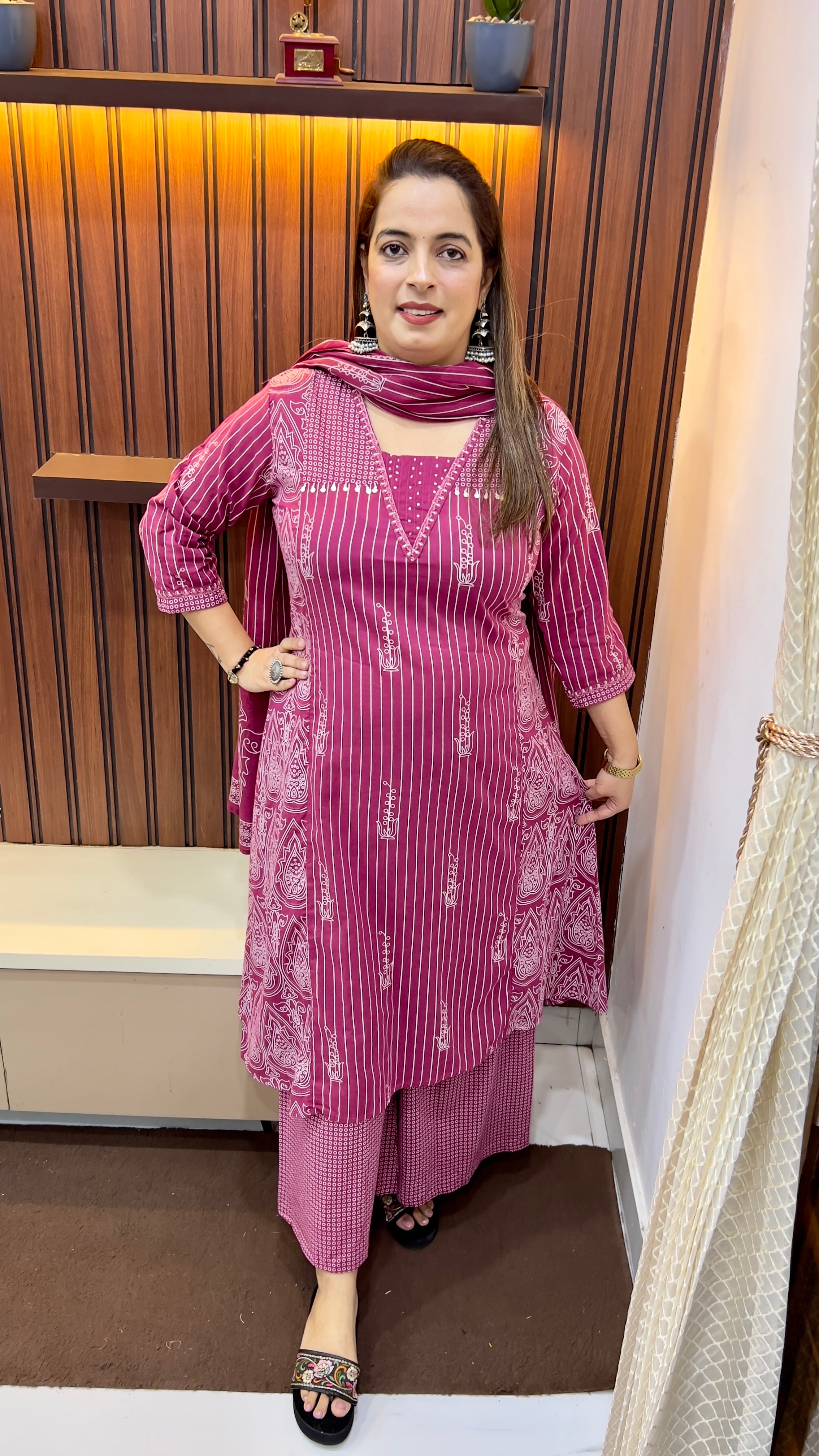 Pure Cotton A-Line Suit — Pintuck Neck with Palazzo & Mul Cotton Dupatta