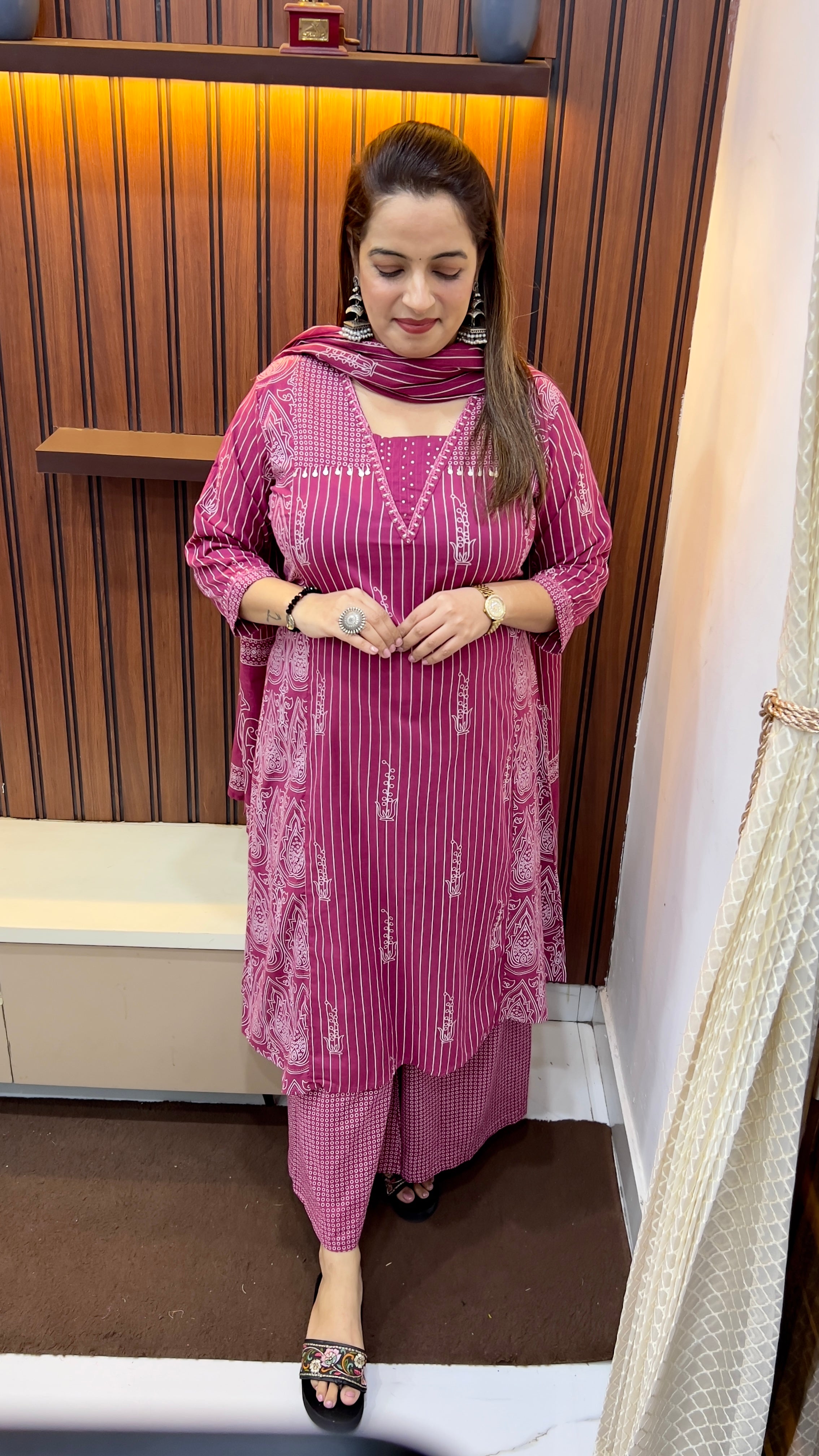 Pure Cotton A-Line Suit — Pintuck Neck with Palazzo & Mul Cotton Dupatta