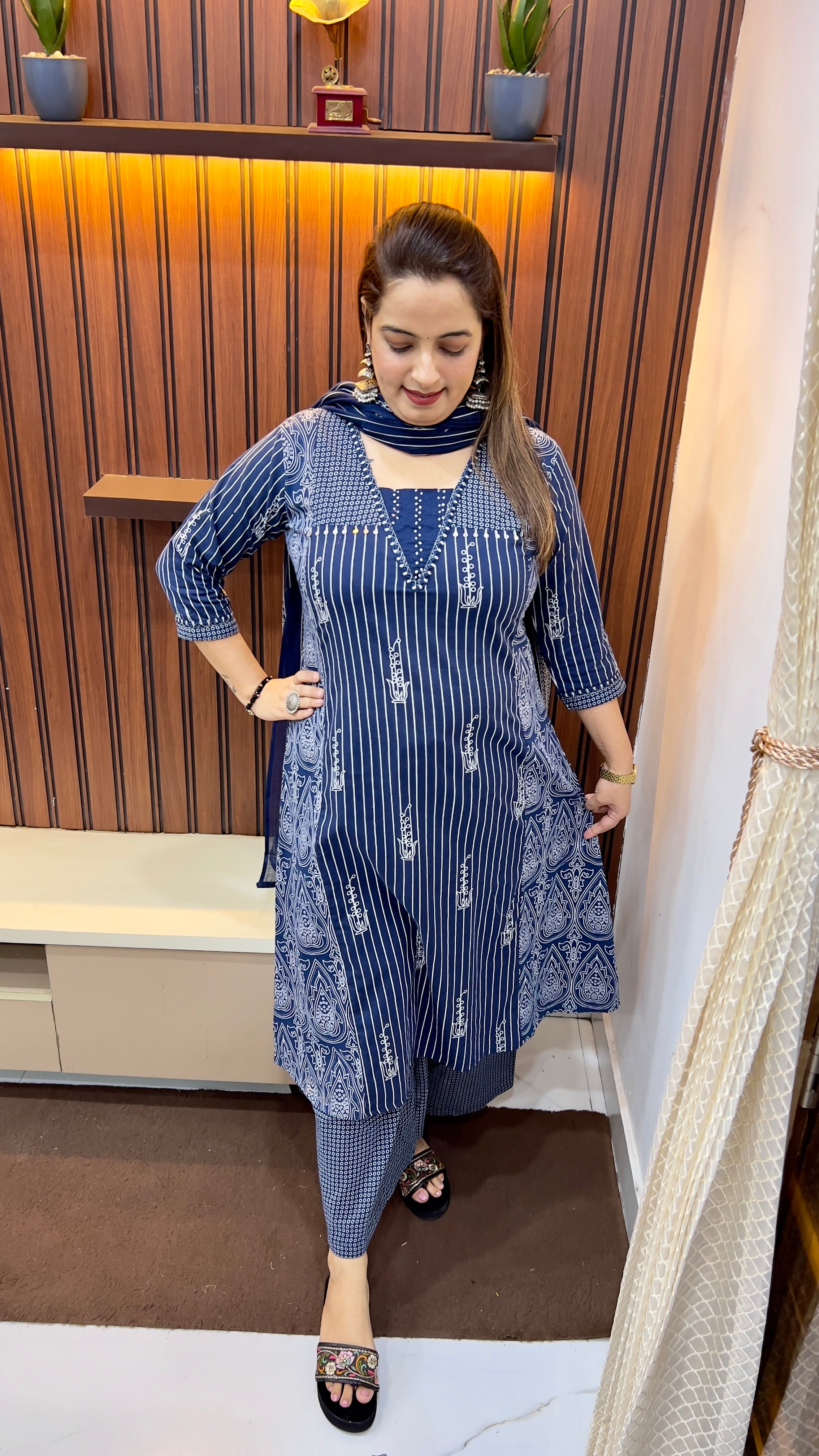 Pure Cotton Office Wear Suit — A-Line with Embroidery & Palazzo