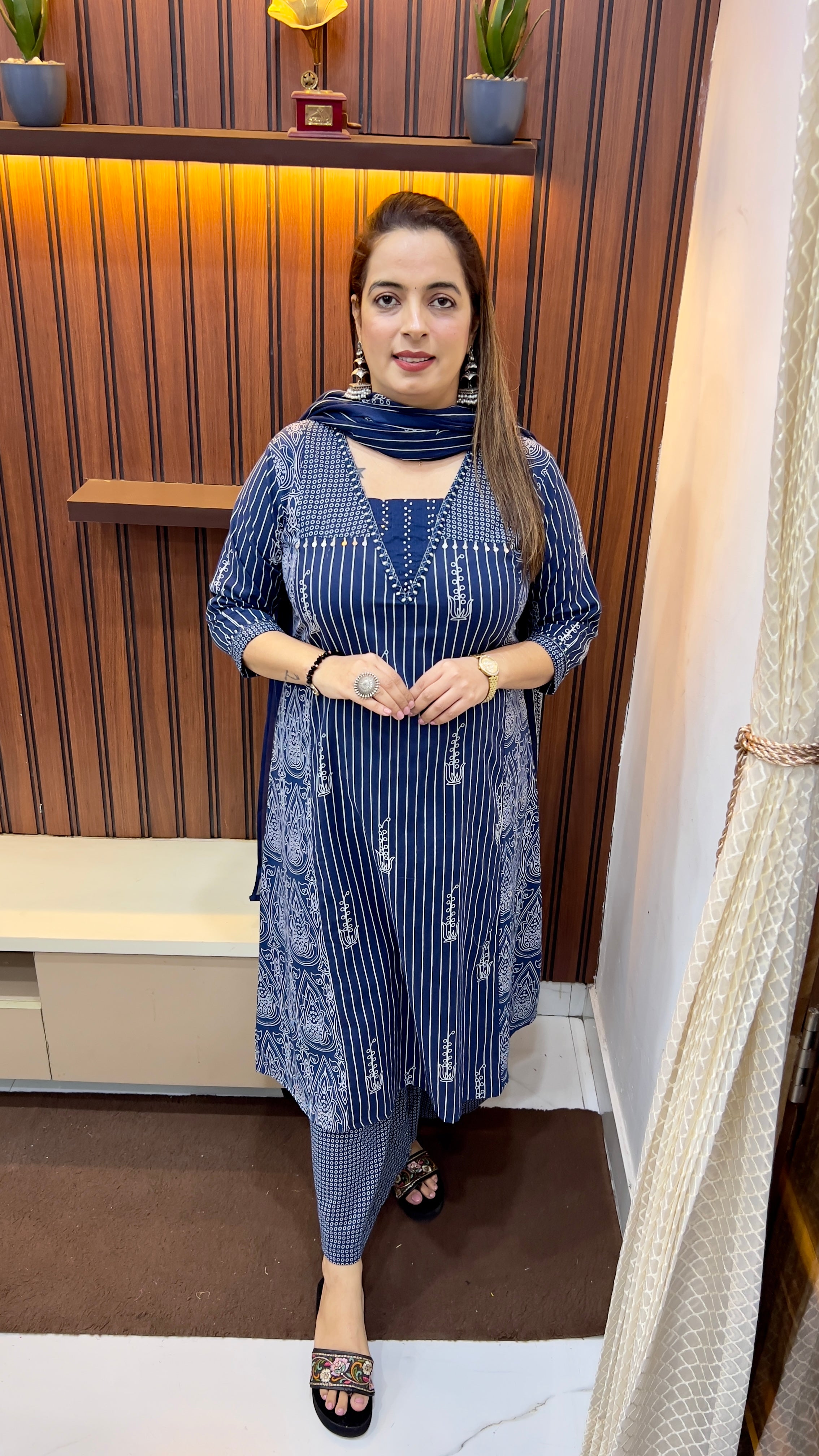 Pure Cotton Office Wear Suit — A-Line with Embroidery & Palazzo