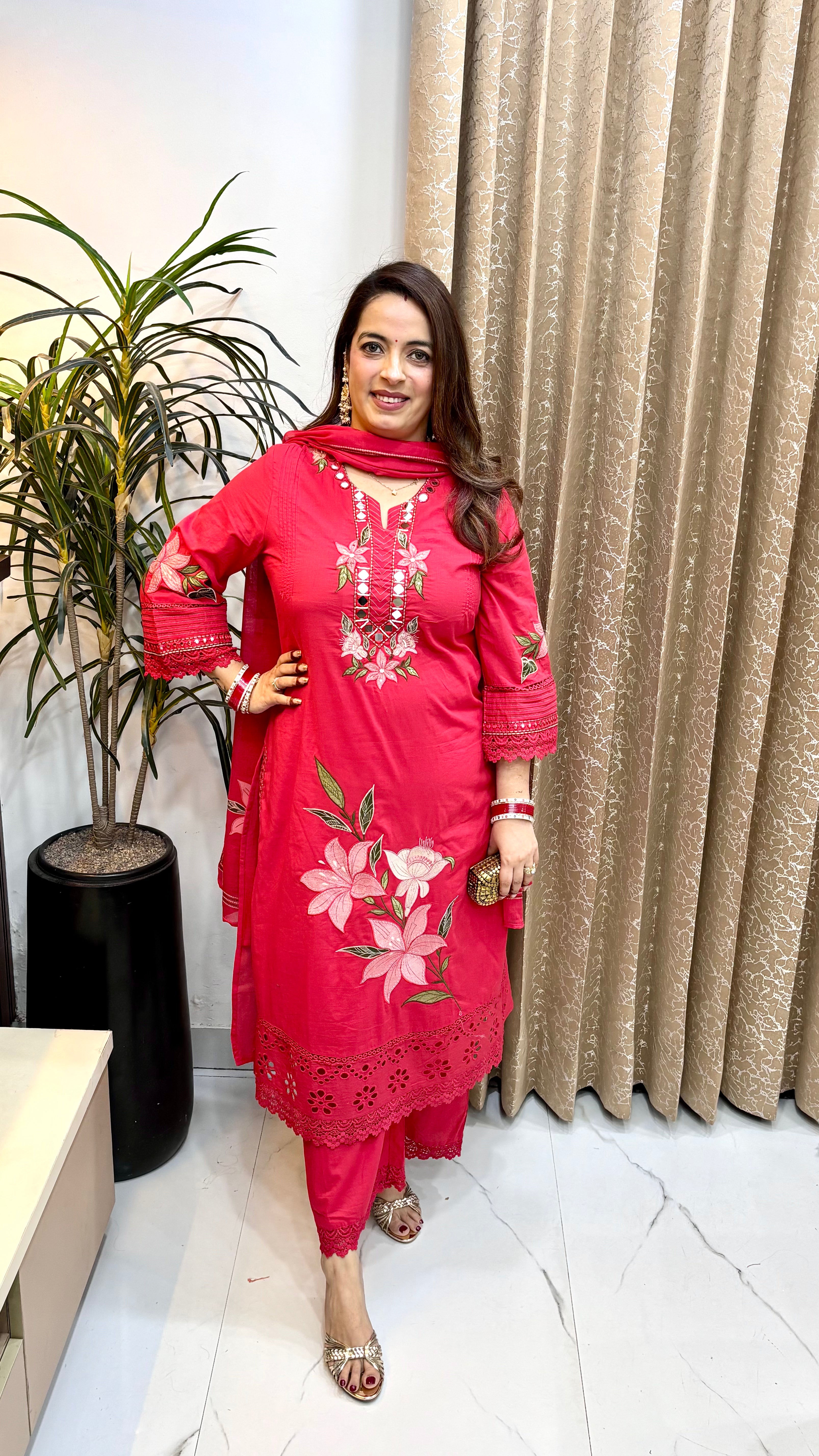 Pure Cotton 3-Piece Suit Set with Real Mirror Work & Crochet Lace Detailing