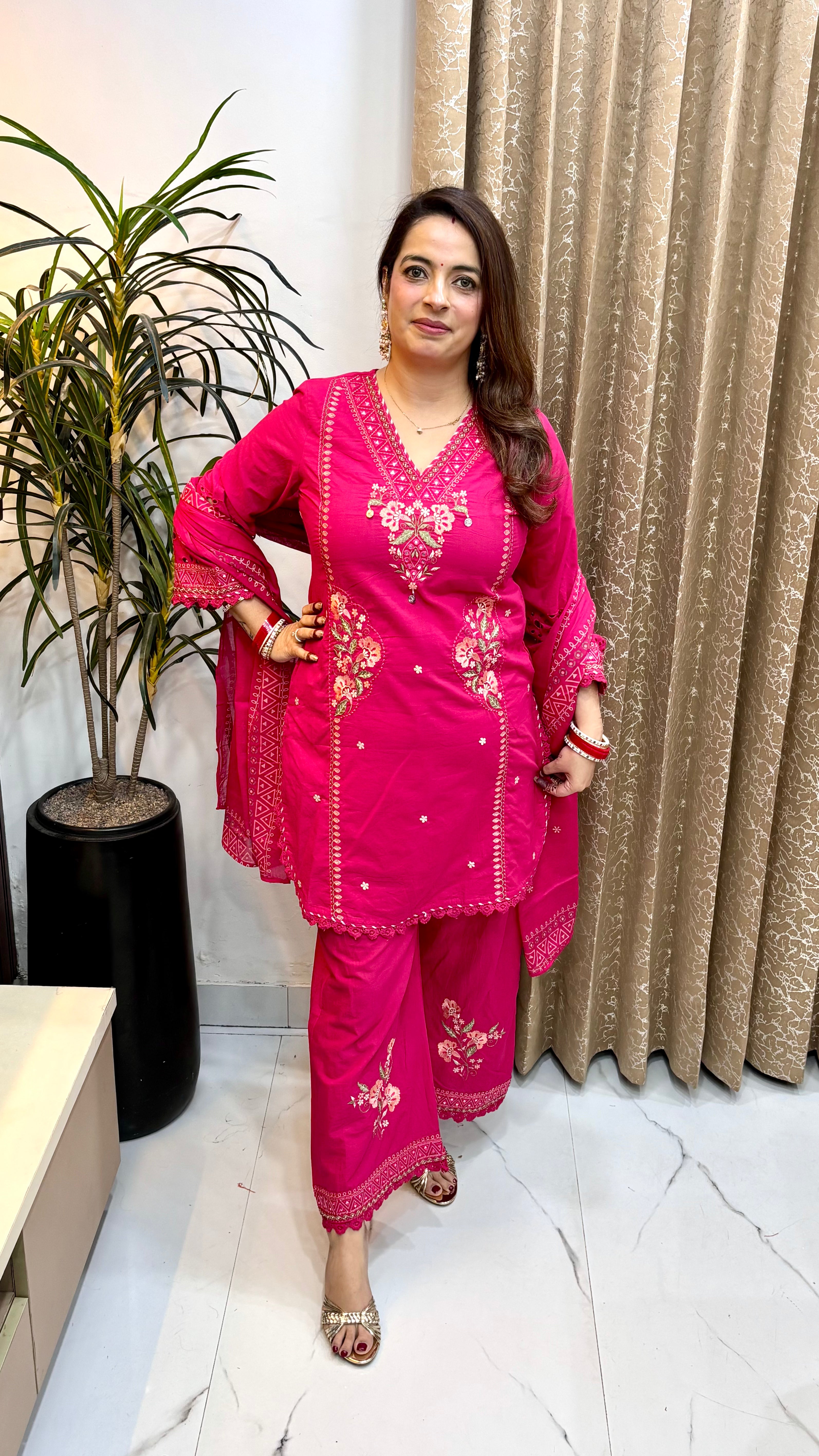 Pure Cotton 3-Piece Suit Set with Real Mirror Work, Crochet Lace & Mulmul Dupatta