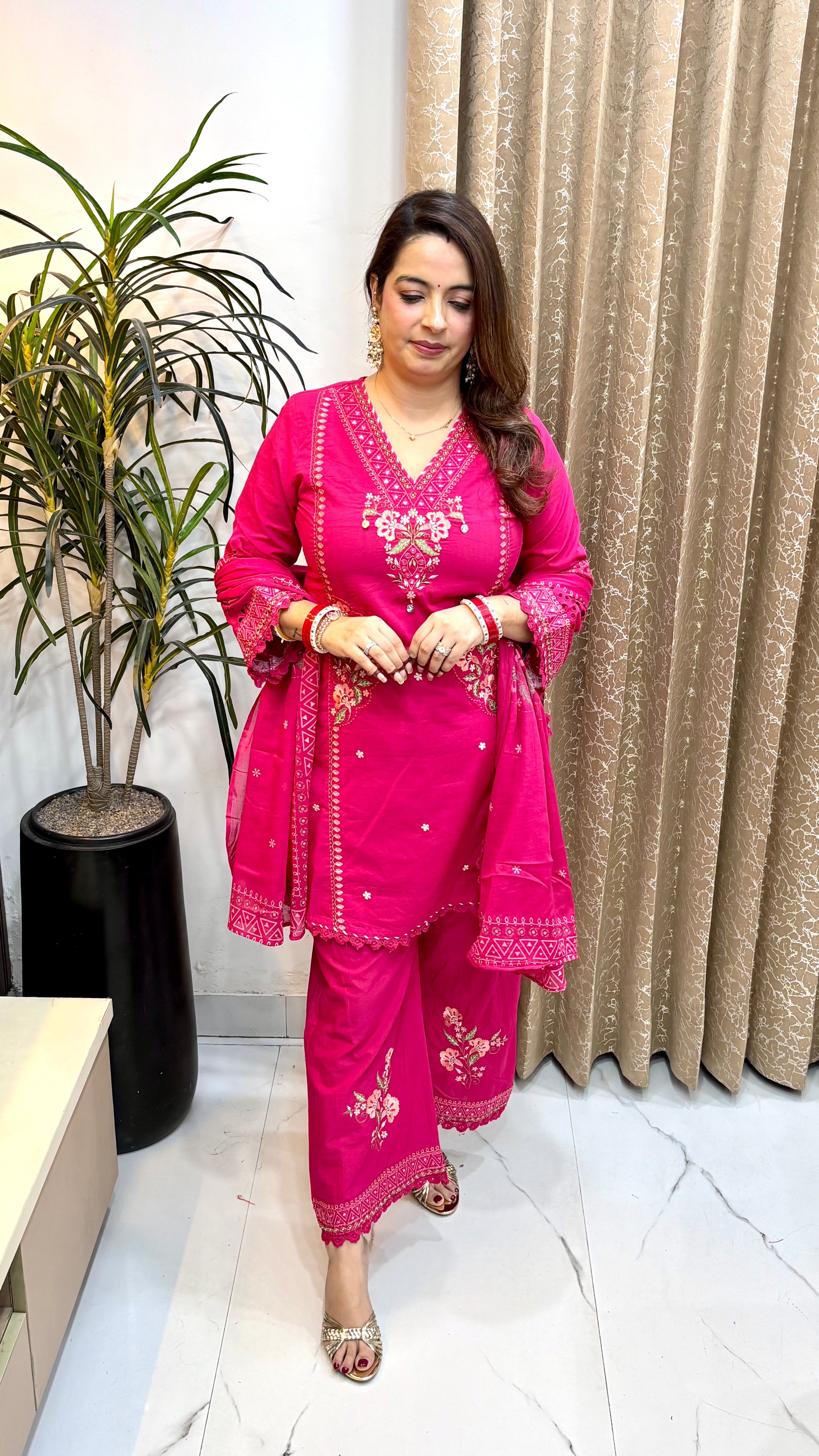 Pure Cotton 3-Piece Suit Set with Real Mirror Work, Crochet Lace & Mulmul Dupatta