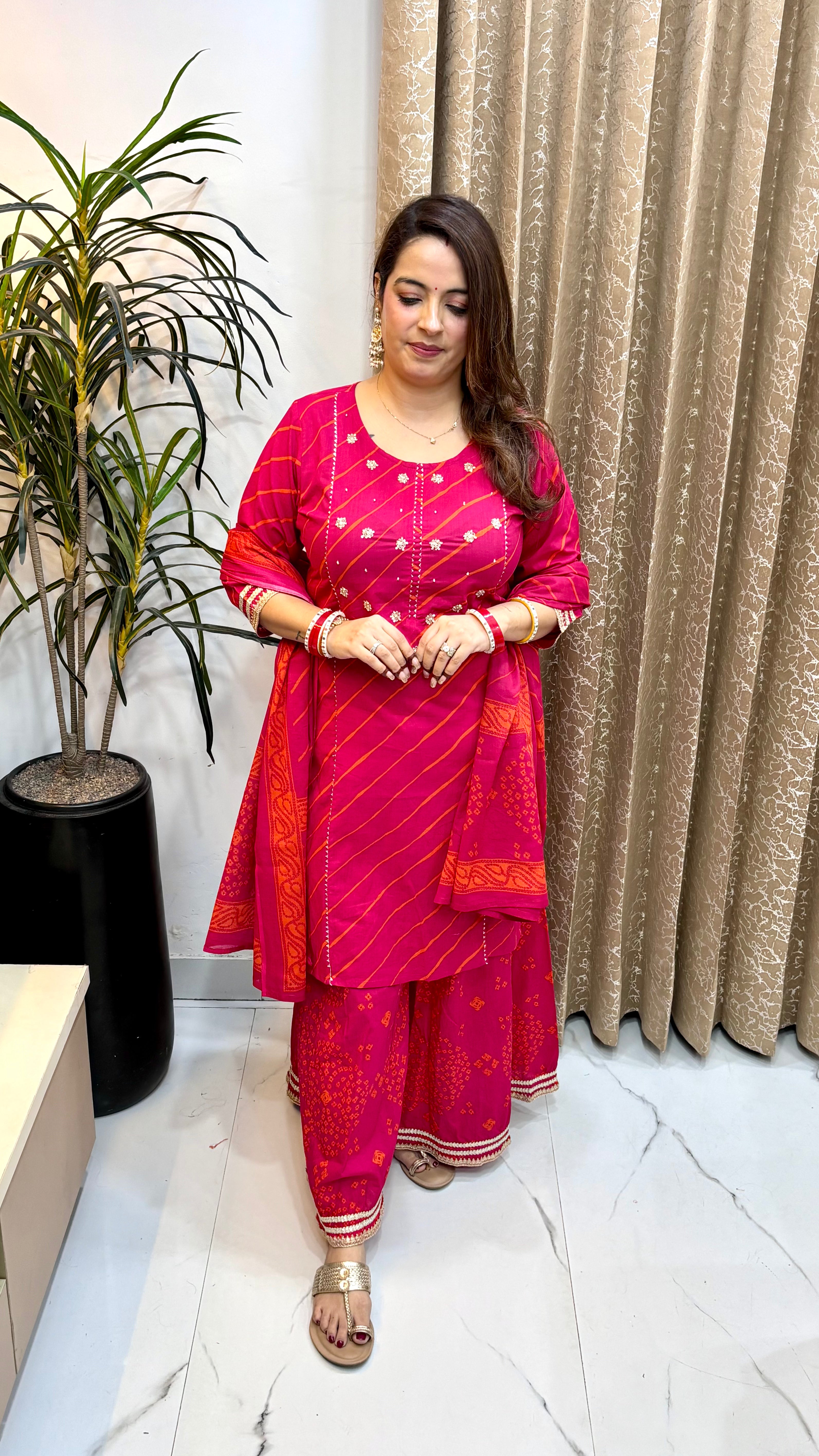 Pure Cotton Leheriya Print 3-Piece Suit Set with Mulmul Dupatta