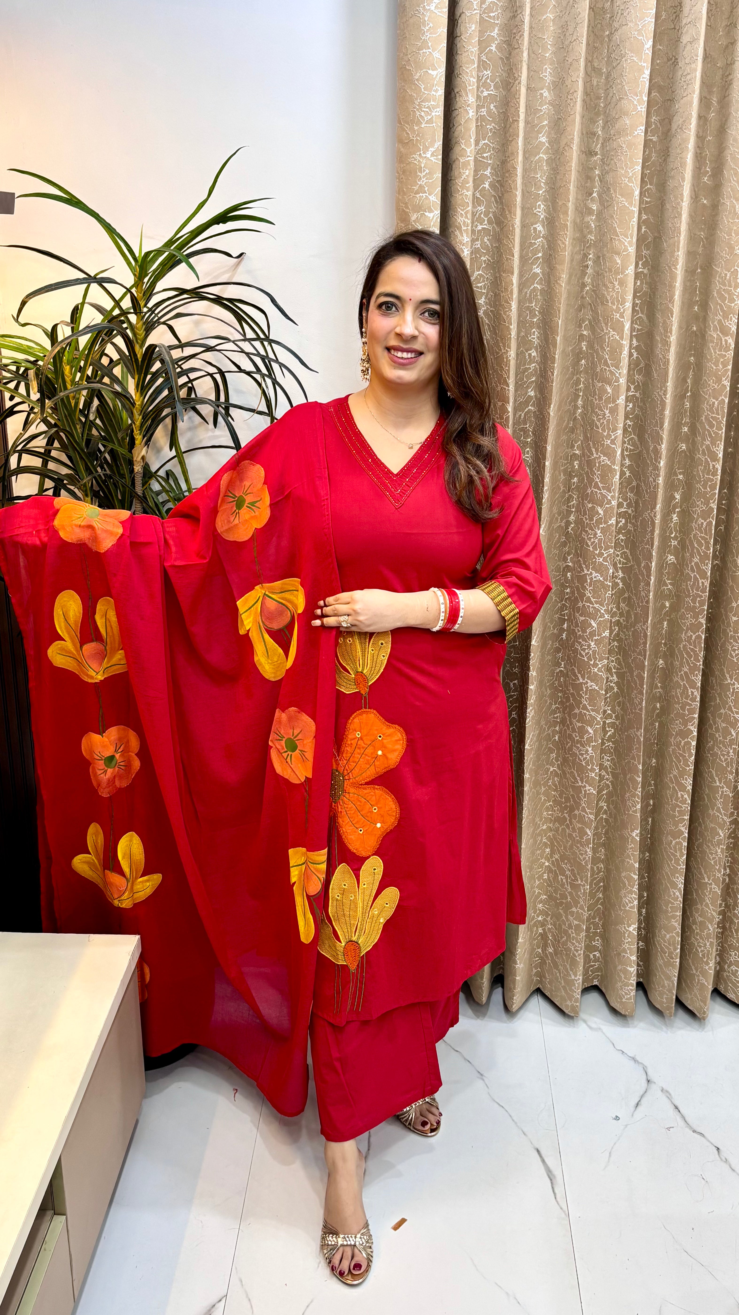 Mul Cotton 3-Piece Suit Set with Applique Work, Embroidery & Mulmul Dupatta