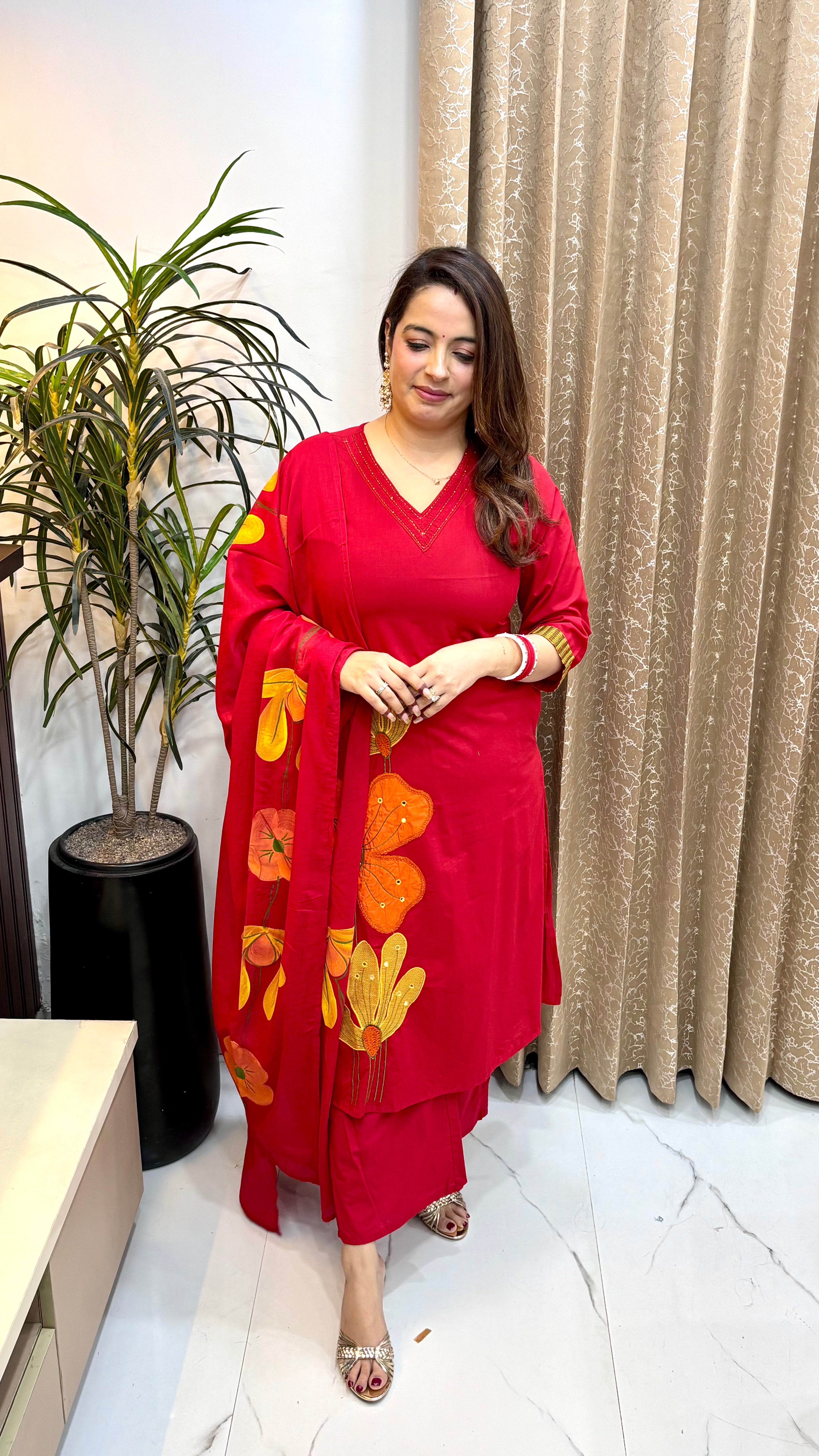 Mul Cotton 3-Piece Suit Set with Applique Work, Embroidery & Mulmul Dupatta