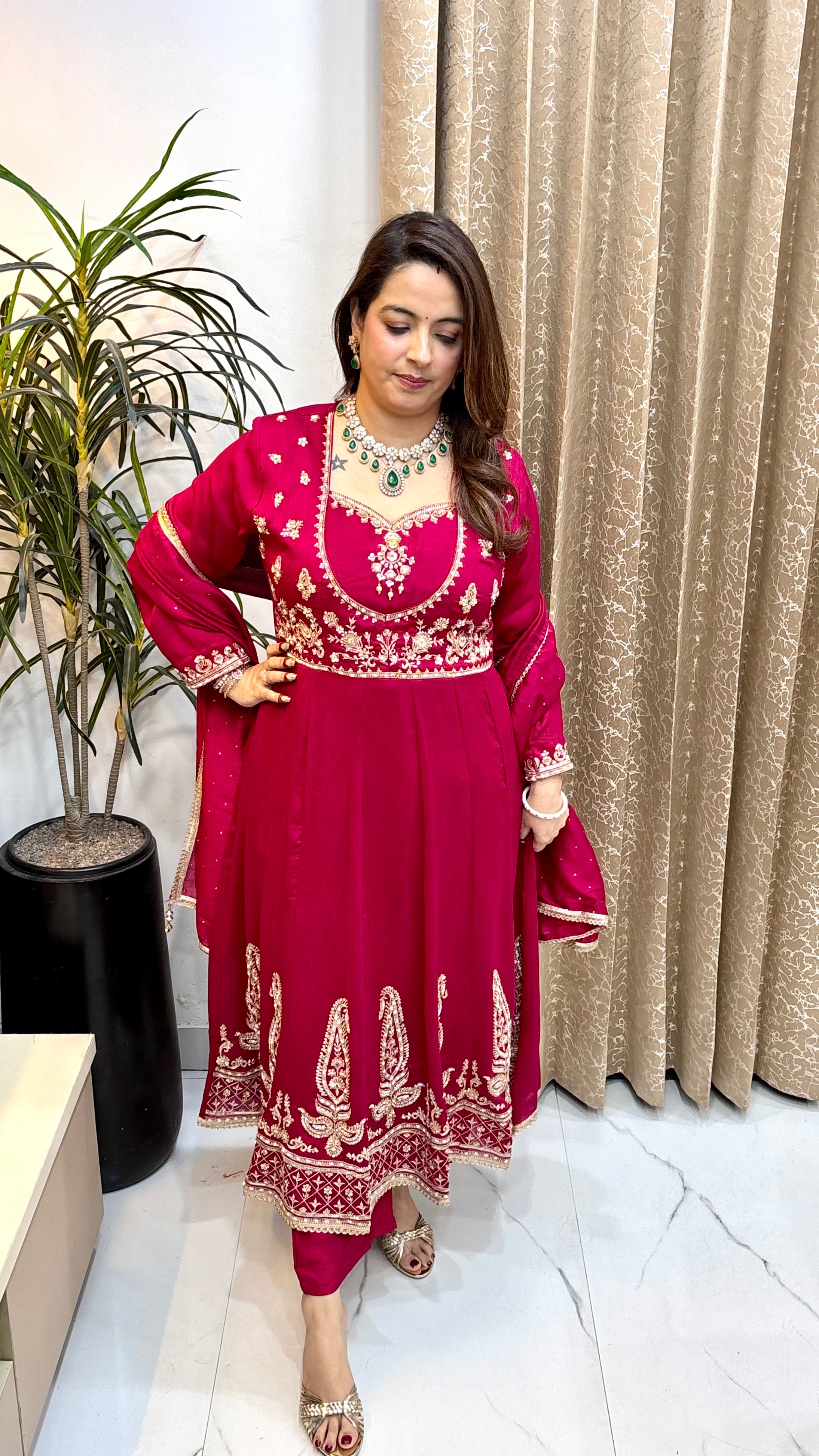 Pure Silk 3-Piece Anarkali Suit Set with Fine Embroidery & Semi-Crepe Lining