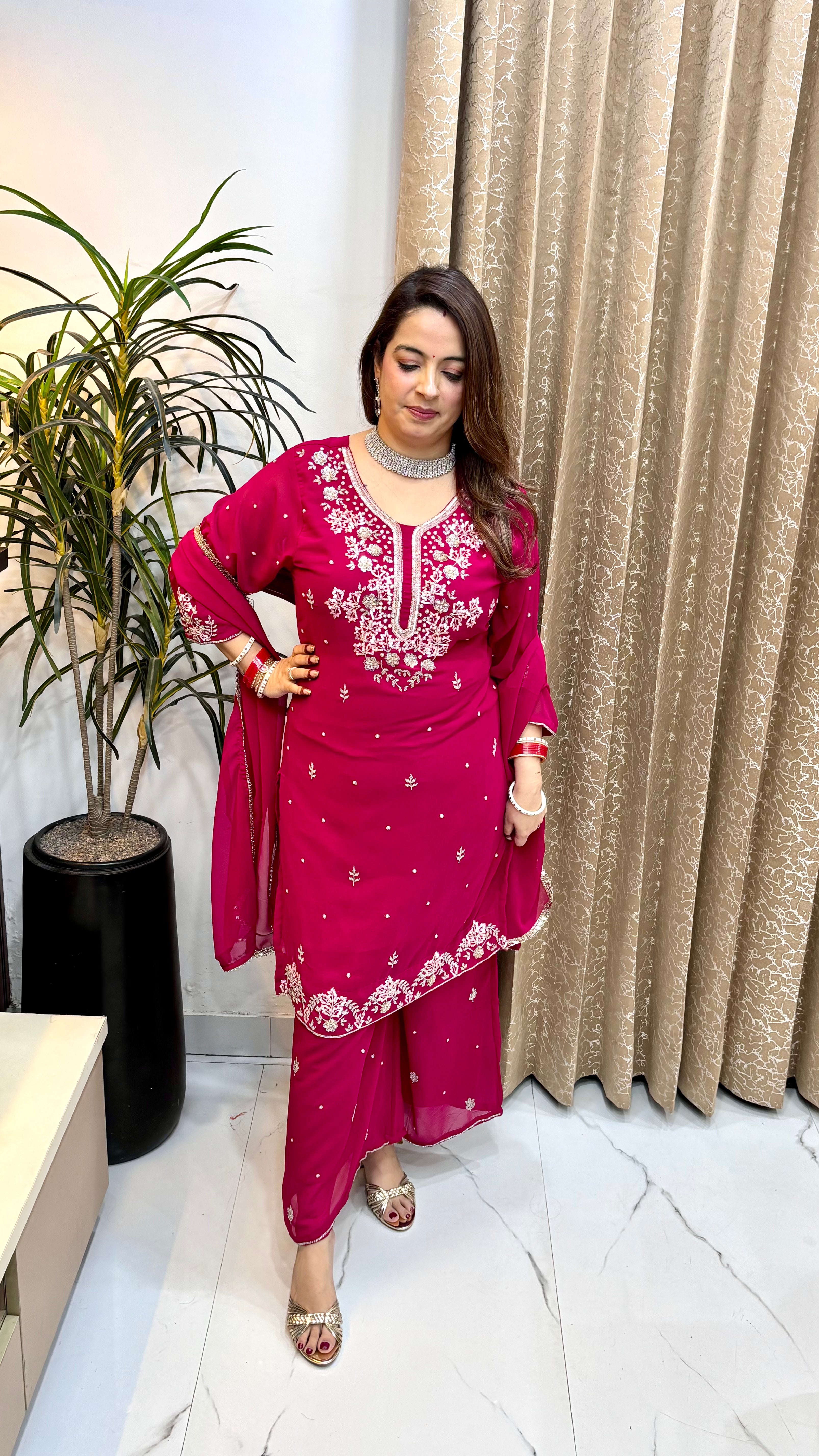 Pure Georgette 3-Piece Suit Set with Hand Embroidery, Matching Georgette Bottom & Dupatta