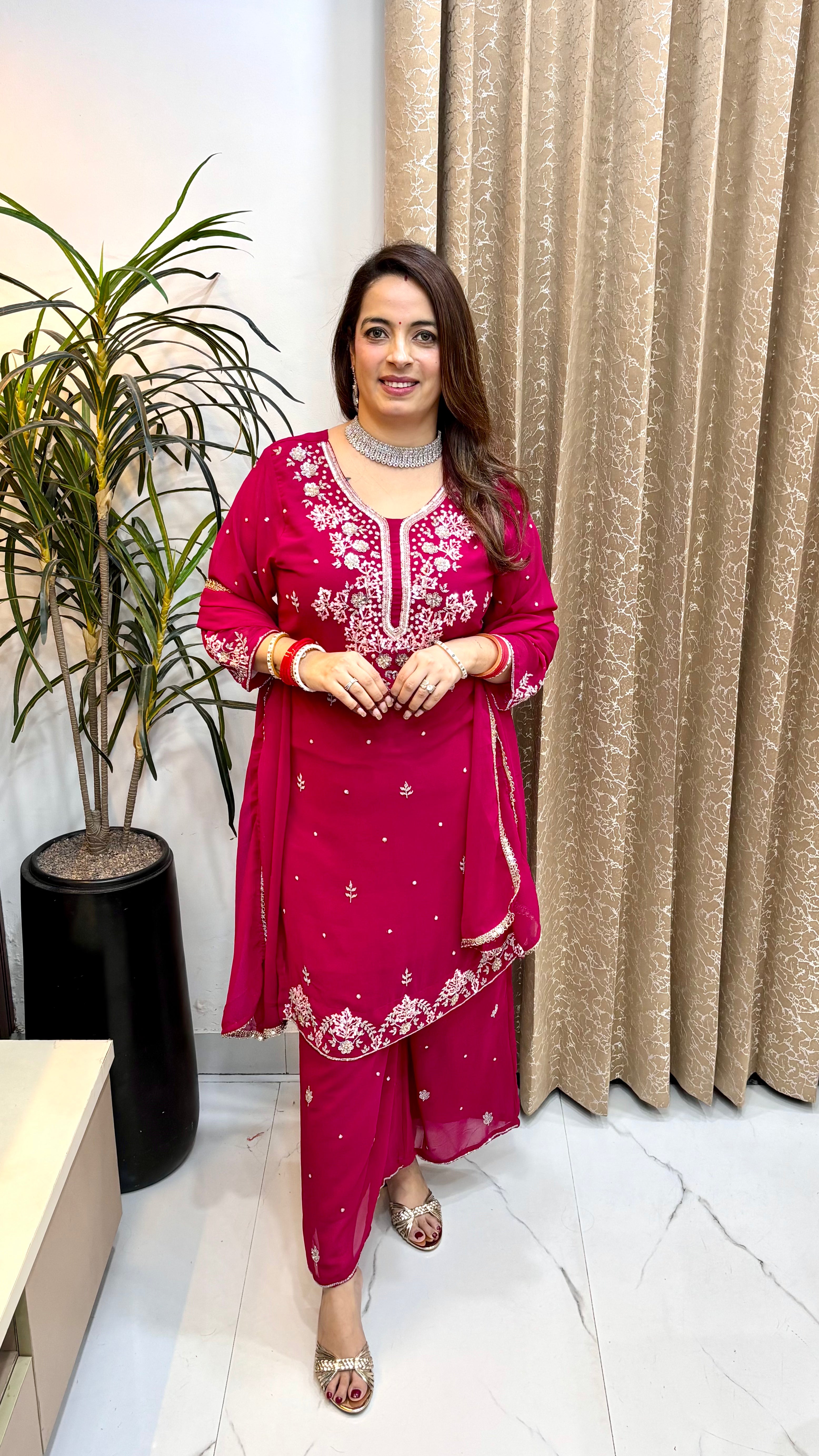 Pure Georgette 3-Piece Suit Set with Hand Embroidery, Matching Georgette Bottom & Dupatta
