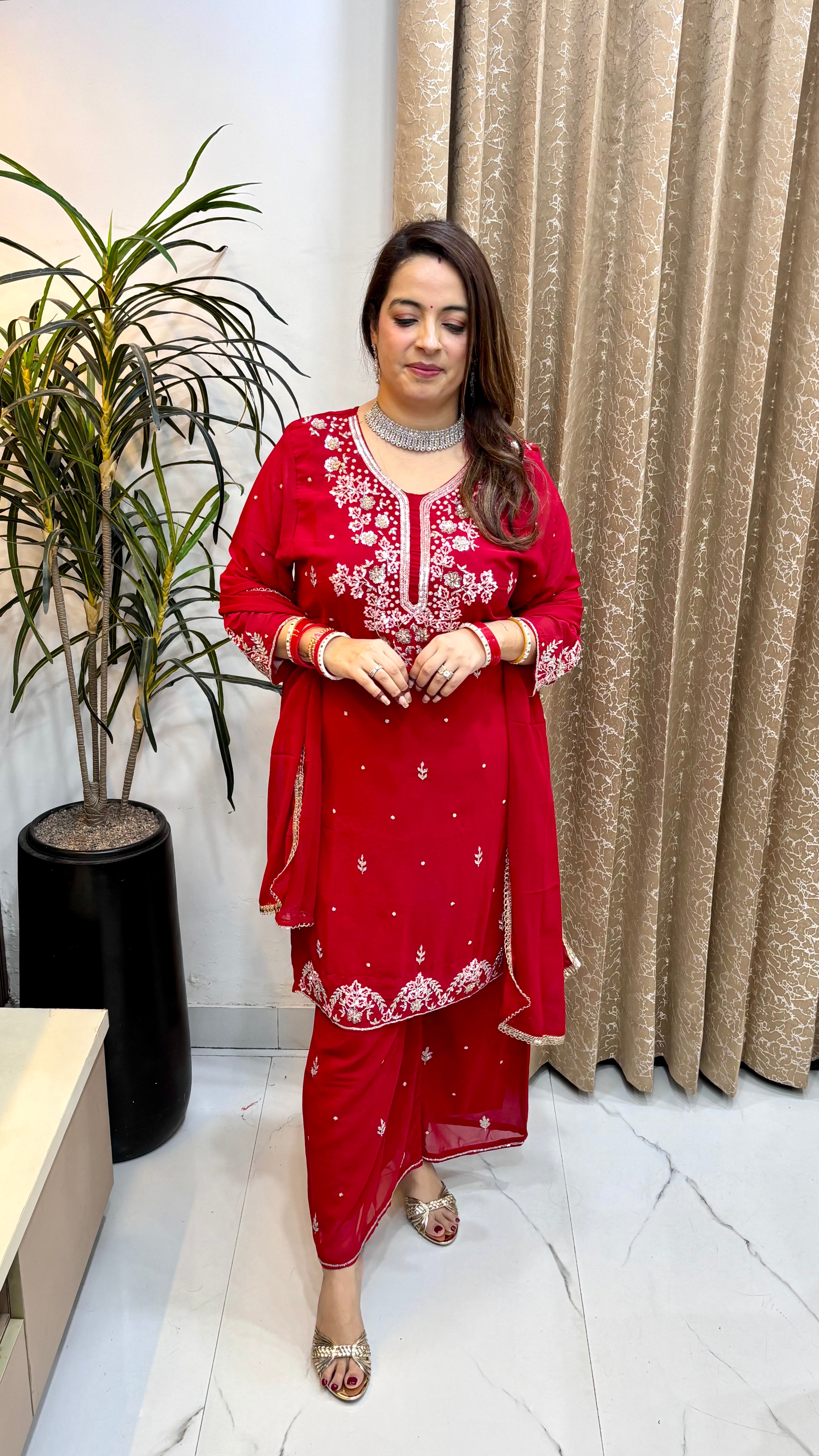 Pure Georgette 3-Piece Suit Set with Hand Embroidery, Matching Georgette Bottom & Dupatta