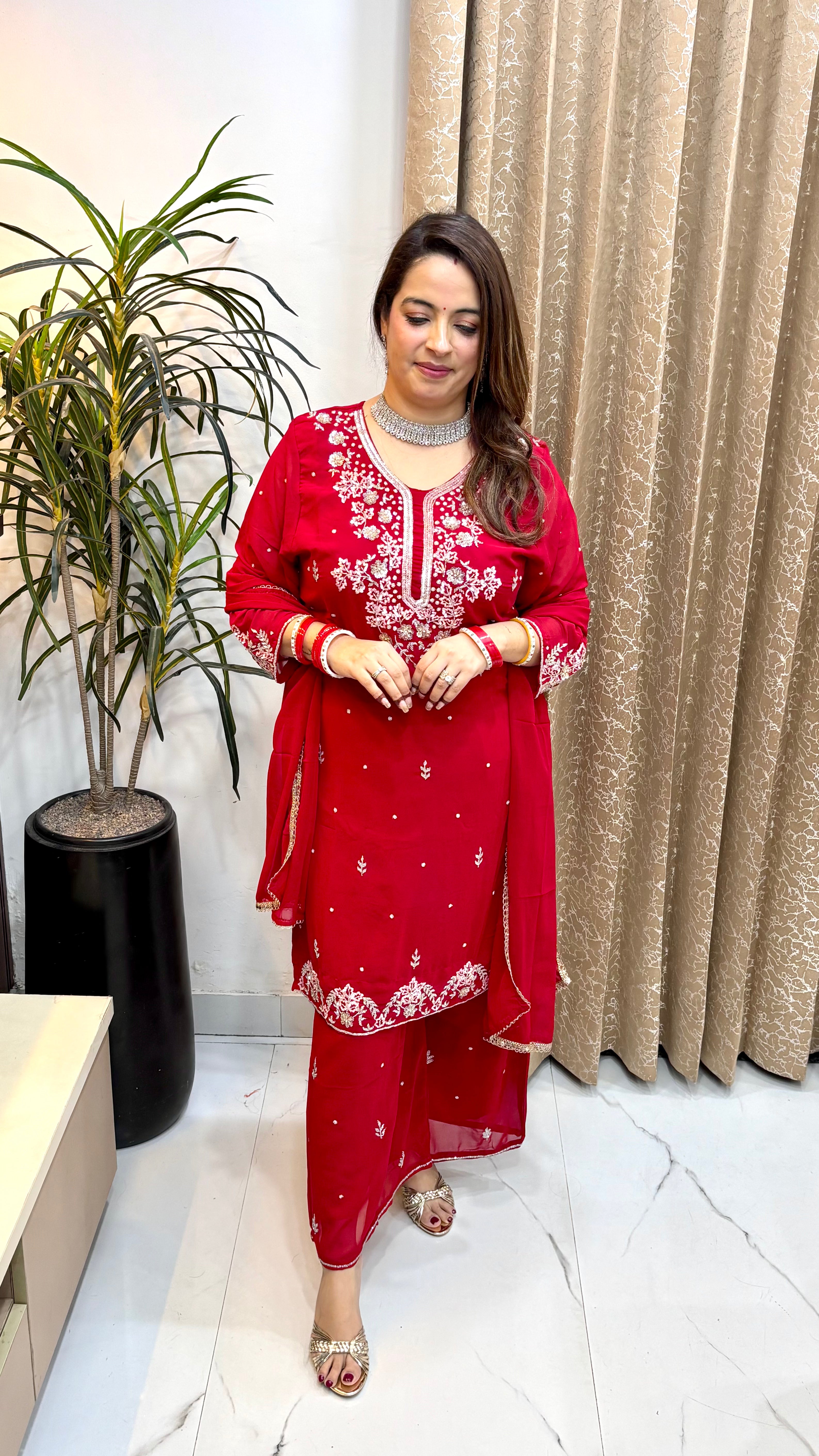 Pure Georgette 3-Piece Suit Set with Hand Embroidery, Matching Georgette Bottom & Dupatta