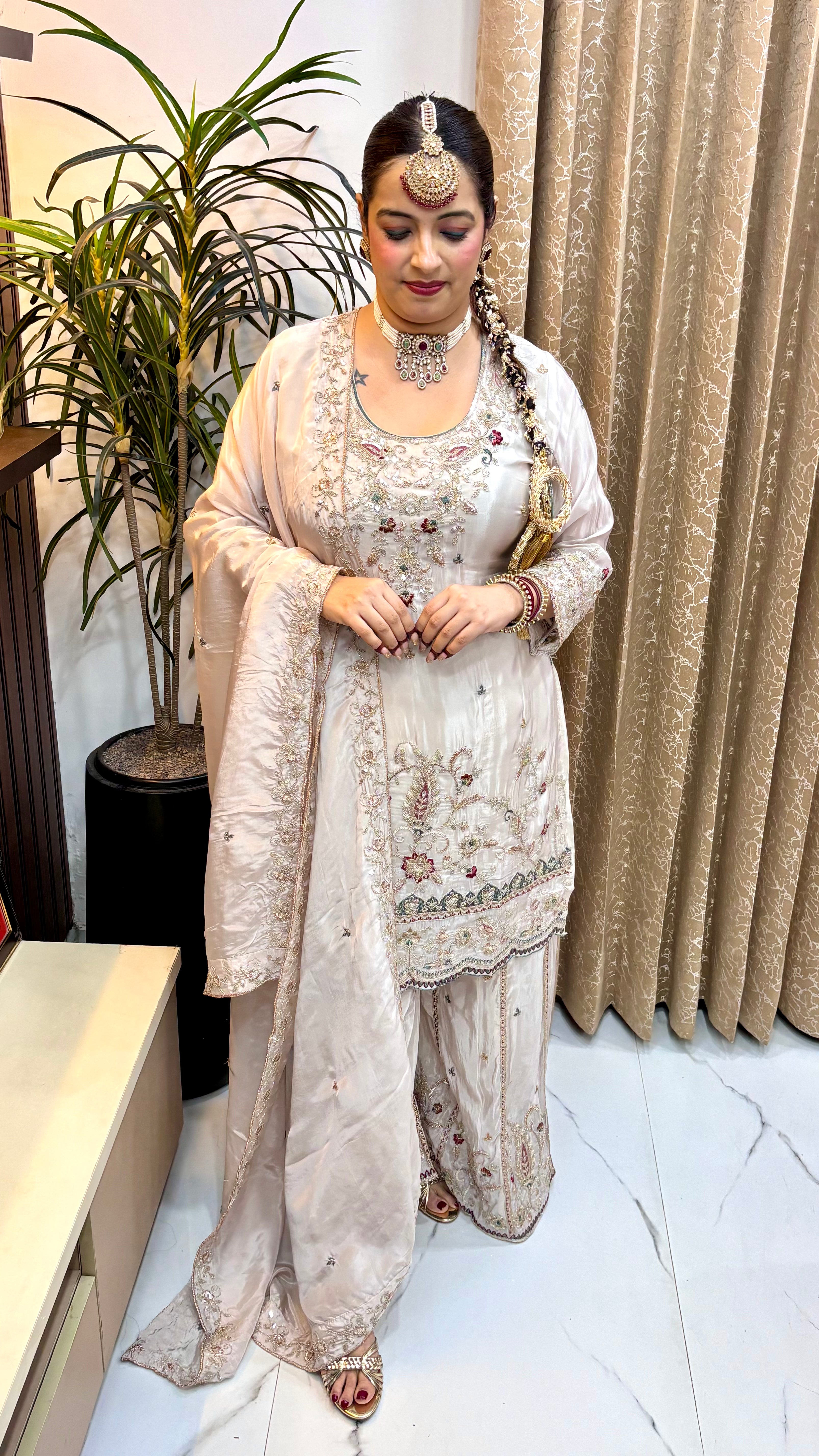 Festive Splendor: Mul Chanderi 3-Piece Sharara Suit Set with Cut-Work Hemline & Embroidery