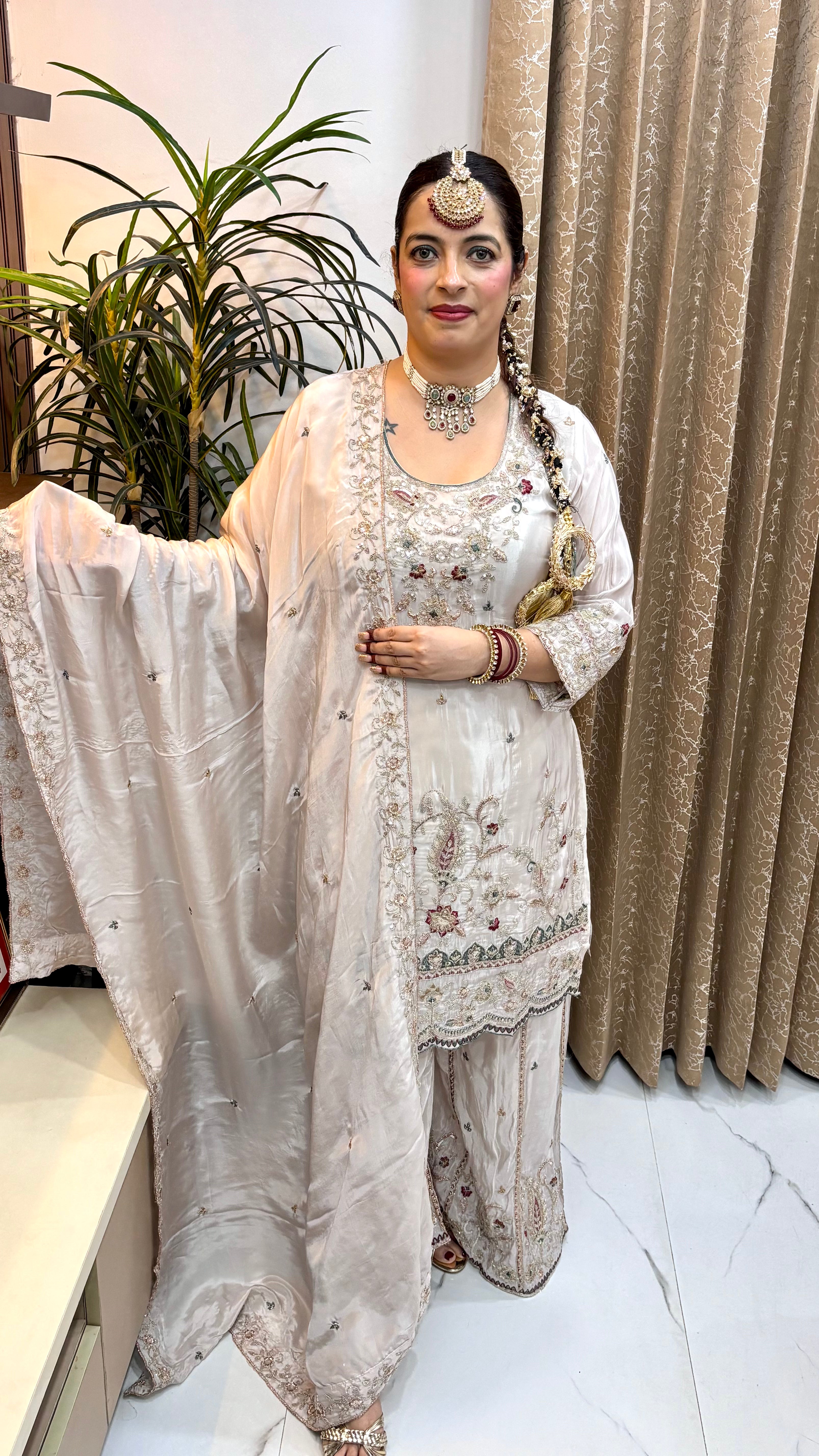 Festive Splendor: Mul Chanderi 3-Piece Sharara Suit Set with Cut-Work Hemline & Embroidery