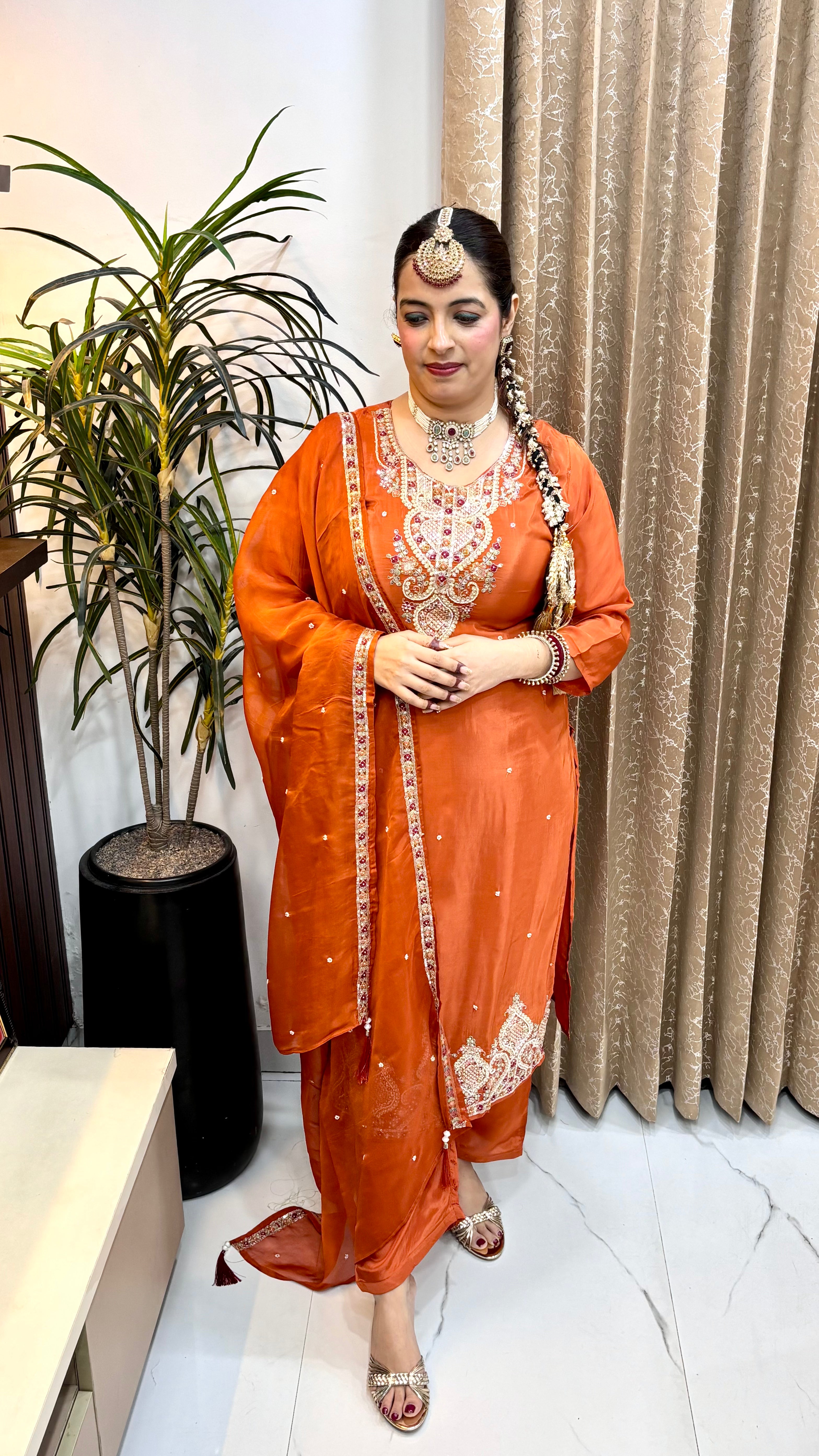 Pure Crepe 3-Piece Suit Set with Fine Embroidery Work & Shantoon Bottom
