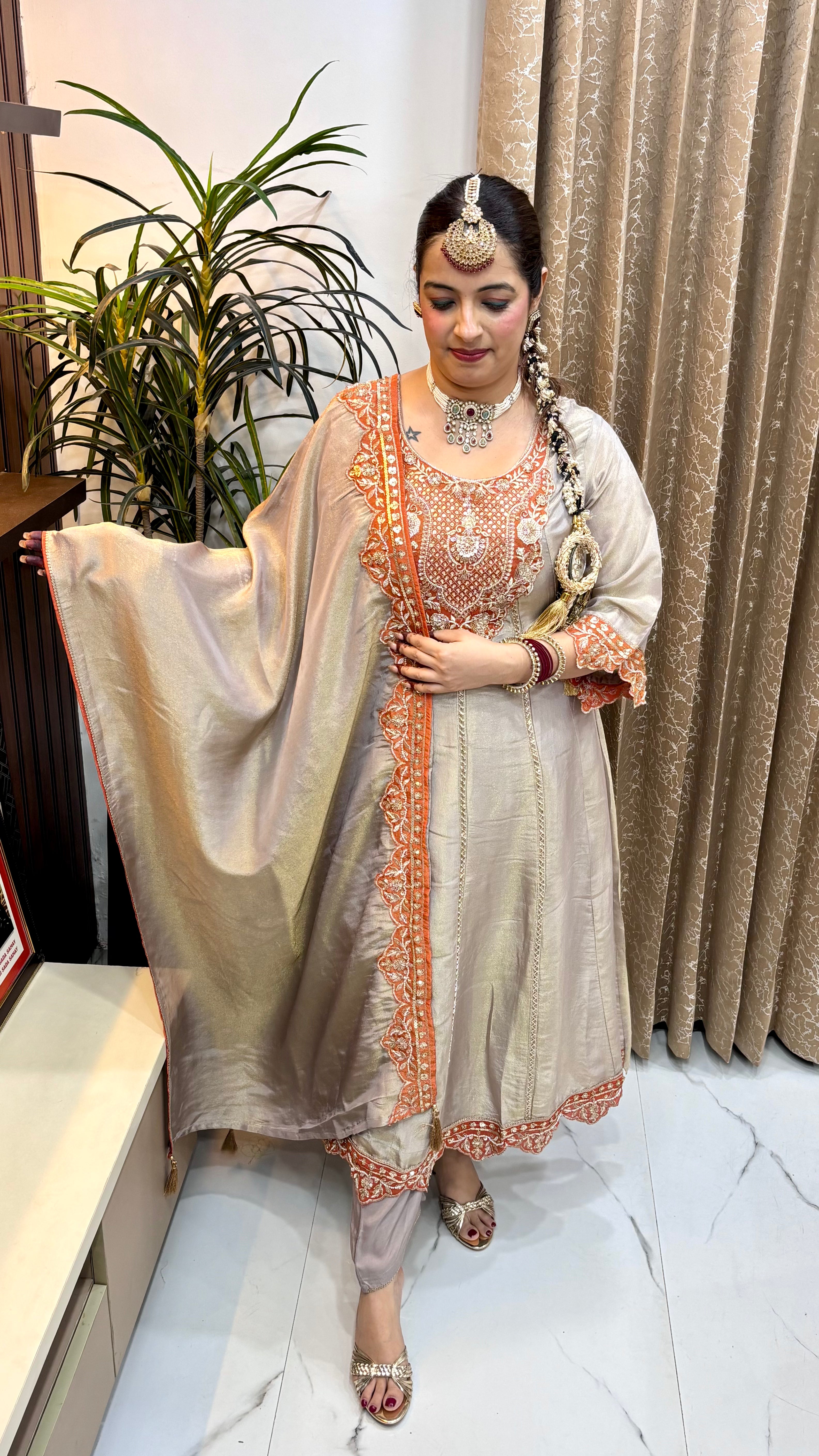 Luminous Splendor: Organza Shimmer 3-Piece Anarkali Suit Set