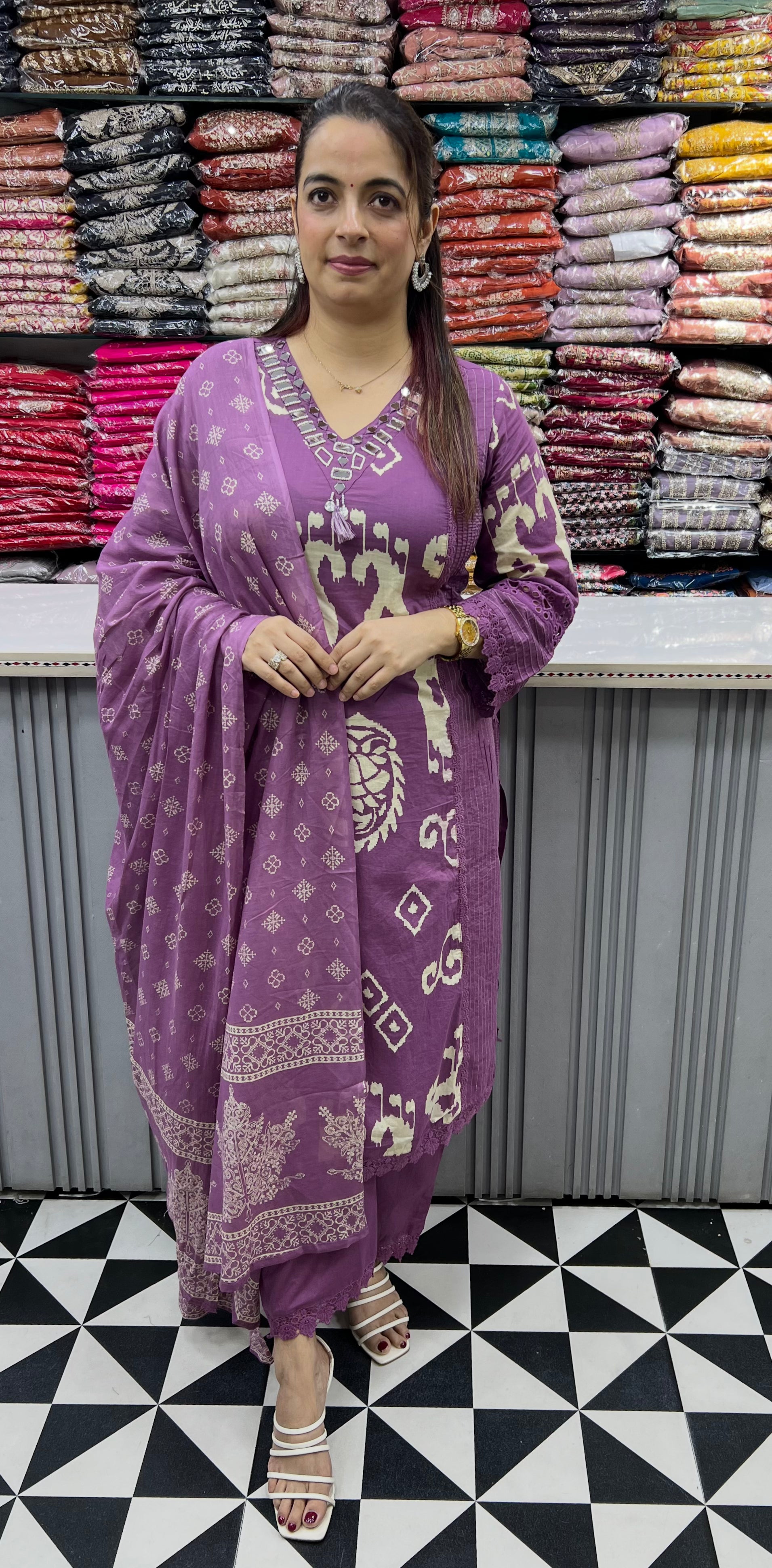 Artisanal Heritage: Pure Cotton 3-Piece Suit Set with Schiffli, Pintex & Real Mirror Work